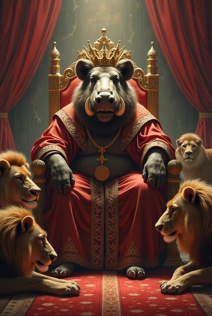 Chimpanzee sitting on a throne,With a crown on his head,Wearing a red robe,legs crossed,The usual mischievous smile,8kn reality