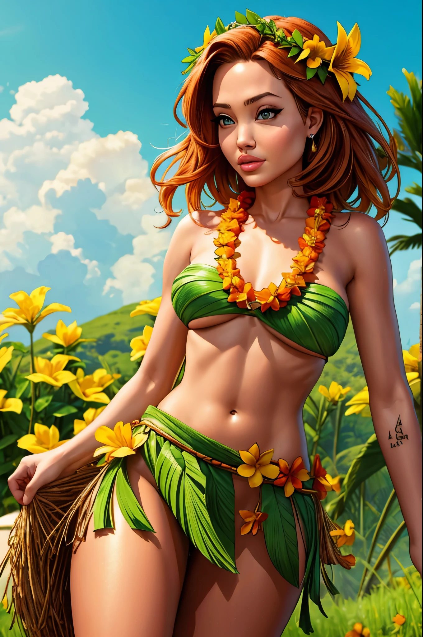A beautiful girl with ginger hair, wearing a garland of flowers, a grass skirt, topless, standing in a lush green meadow, delicate facial features, intricate details, high quality, photorealistic, natural lighting, warm color palette, serene atmosphere, ethereal, elegant, mystical