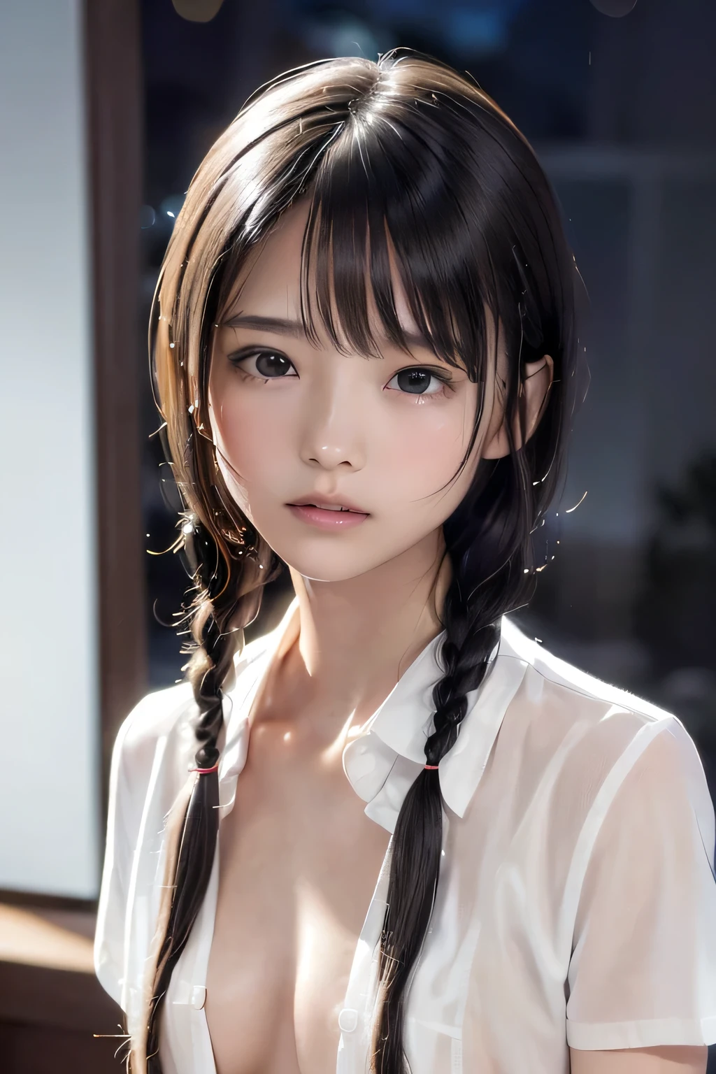 (8k, RAW photo, photorealistic:1.25), (Soaking wet hair, wet short two braids hair, Soaking sweaty hair:1.5), (lip gloss, eyelashes, Shiny surface, Glossy Skin, best quality, ultra highres, allows depth of field, Color Difference , caustics, blow lighting , Natural Shading, kpop idol), (cleavage, flat chest, naked white shirt, nude, short sleeve shirt, Unbuttoned shirt:1.7), crying, tears, tearing, sadness, (dark background, indoor, dark bedroom, night view:1.4)