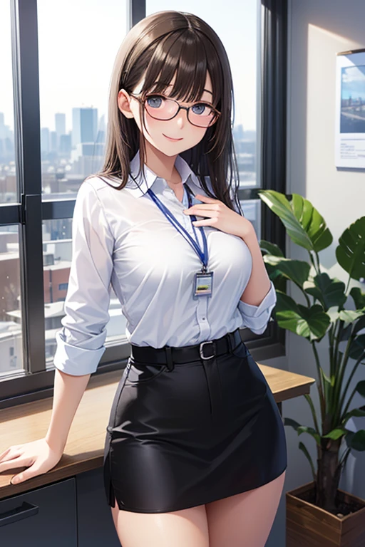 masterpiece, best quality, high resolution, UHD, 8k, ((cowboy shot)), BREAK, 1 girl, ((girl style anime)), Glossy skin, rounded eye, beautiful eyelash, realistic eye, beautiful woman, brown ligth hair, long hair, with white highlights, with a small braid on one side of the head, perfect body, medium breasts, wearing black glasses, BREAK, detailed clothes, beautiful face, (seductive smile:1.2), wearing in black close formal suit with a white shirt, red tie, black pants, BREAK, standing touching his glasses with a weak smile, in an office with many papers and folders and a small statue of justice.