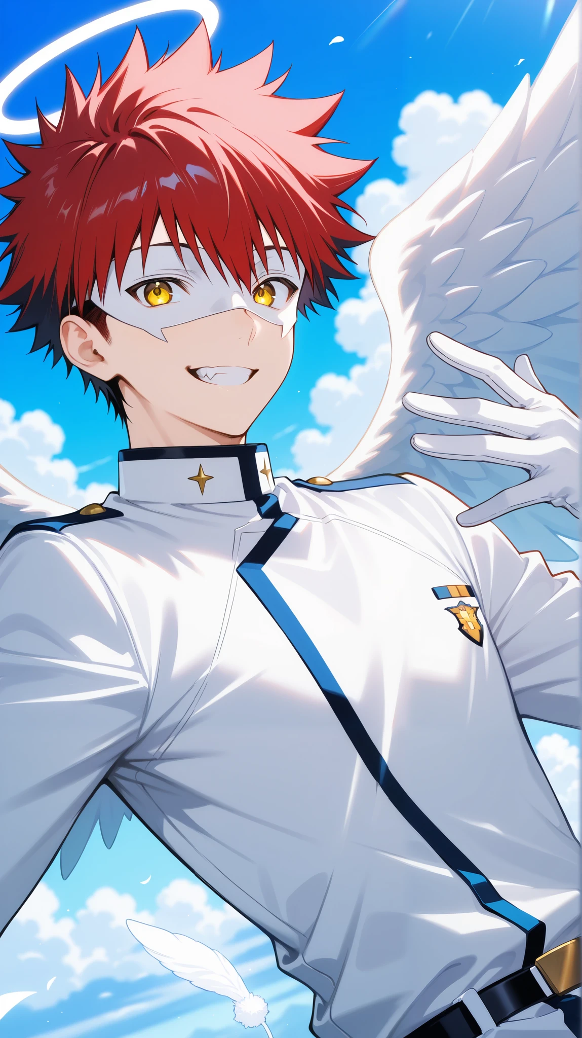 Full pure White hero masked men anime, solo, male focus,white angle uniform,white eye mask,gloves,angel,1boy,mysterious grin,fang out,male focus,big white angel wing,angel halo,golden eyes,day sky clouds heaven bankground,sunshine,hand,male focus,playful, souma_yukihira, red hair, yellow eyes,