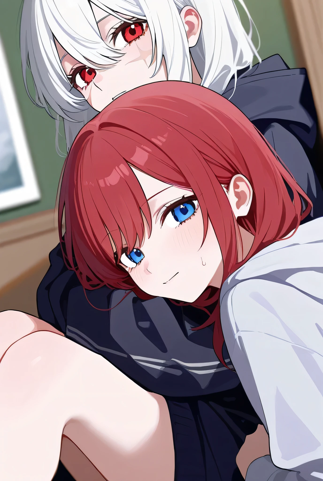 An adult girl with long white hair and red eyes with a scar on her left cheek along with a girl with red hair and blue eyes