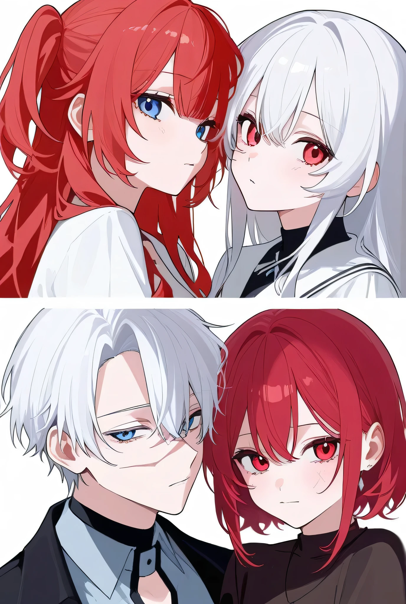 An adult girl with long white hair and red eyes with a scar on her left cheek along with a girl with red hair and blue eyes