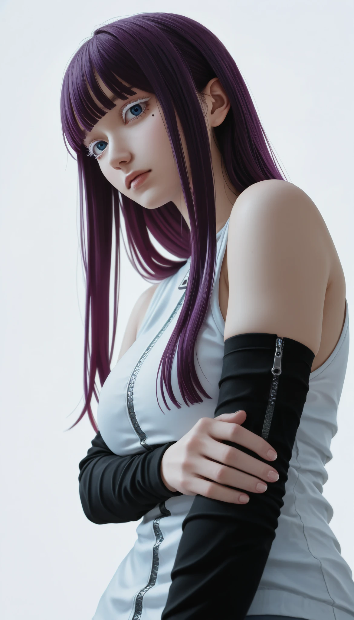 (photography, best quality), photorealistic, RAW, best score, best anatomy, ultra deitailed, amazing quality, very aesthetic, realistic:1.4 absurdres, highres, 2024, newest, HDR, 8K, high detail RAW color Photo, high contrast, portrait, large pupil, eyelashes, microtexture, rich in realistic textures, mira suou,1girl, purple hair, mole under eye, bangs, (blue eyes), blunt bangs,looking at viewer,bare shoulders,curvy physique, ((white eyelashes)), white shirt with a zipper going down the middle, bare shoulders and black arm sleeves, arms crossed, low angle, side view, looking sideways, ((forced perspective)), ((minimalist white background))