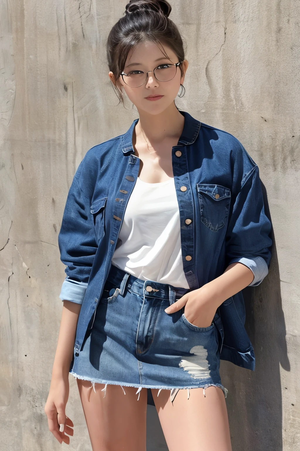 whole body、Glasses、 denim skirt、 low ponytail、WhiteＴ shirt、 small breasts、 No Background 、30th Generation