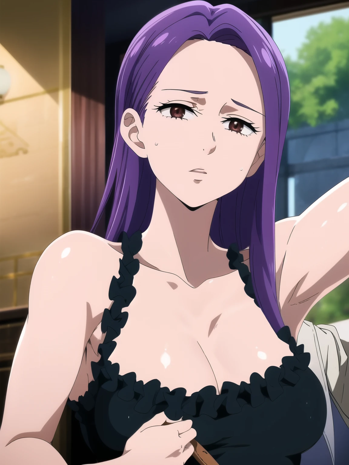 masterpiece,top-quality,anew returner,heroine of gundam 00,1girl,solo,light purple hair,red eyes,beauty, very huge breasts,narrow waist,bust size is 140cm,too much exposure underwear,micro black brassiere,underwear only,restrained by chains on the bed,crying,sexy,soaked,chikubi,nipple