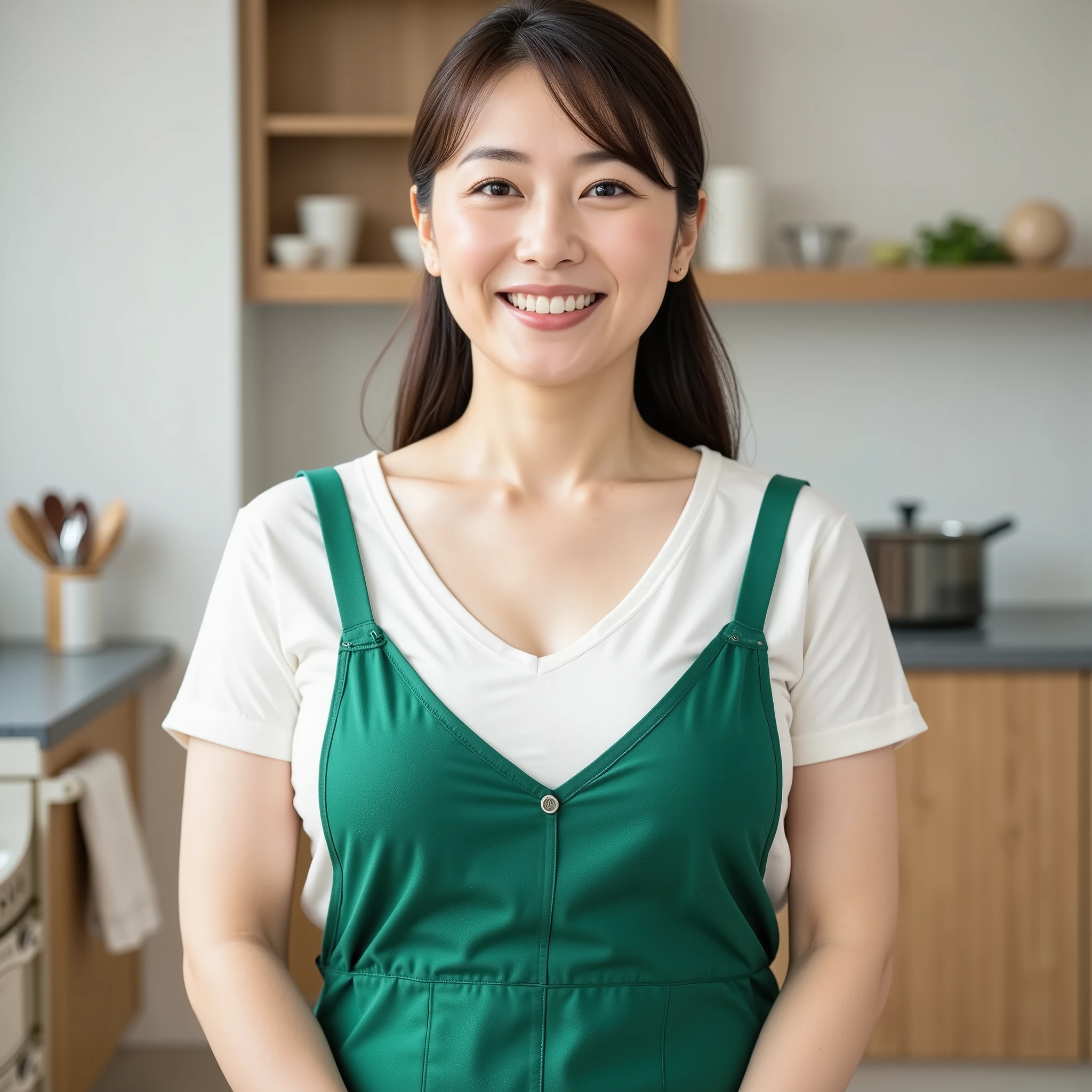 『 1 Japanese girl:1.3』『 REAL PHOTOS:1.3』 highest quality:1.2、(( big breasts))、 slightly visible cleavage 、(( 40 year old woman))、(( have red cheeks ))『teethを見せて笑っている:1.9』、((( anatomically correct、 perfect anatomy、 anatomically correct指)))、 by Nomi, highest quality, ultra high resolution, RAW Photo , (Curvy body)、、G-Cup、nakedエプロンを着ています、 Take off your clothes、naked、 I'm wearing only an apron 、big、 in the kitchen、 happy expression 、teethの写真、G-Cupバスト、 Long Twin Tails、 White V Neck T Shirt 、I'm wearing a green apron、 big bust、 in the kitchen happy expression 、teeth