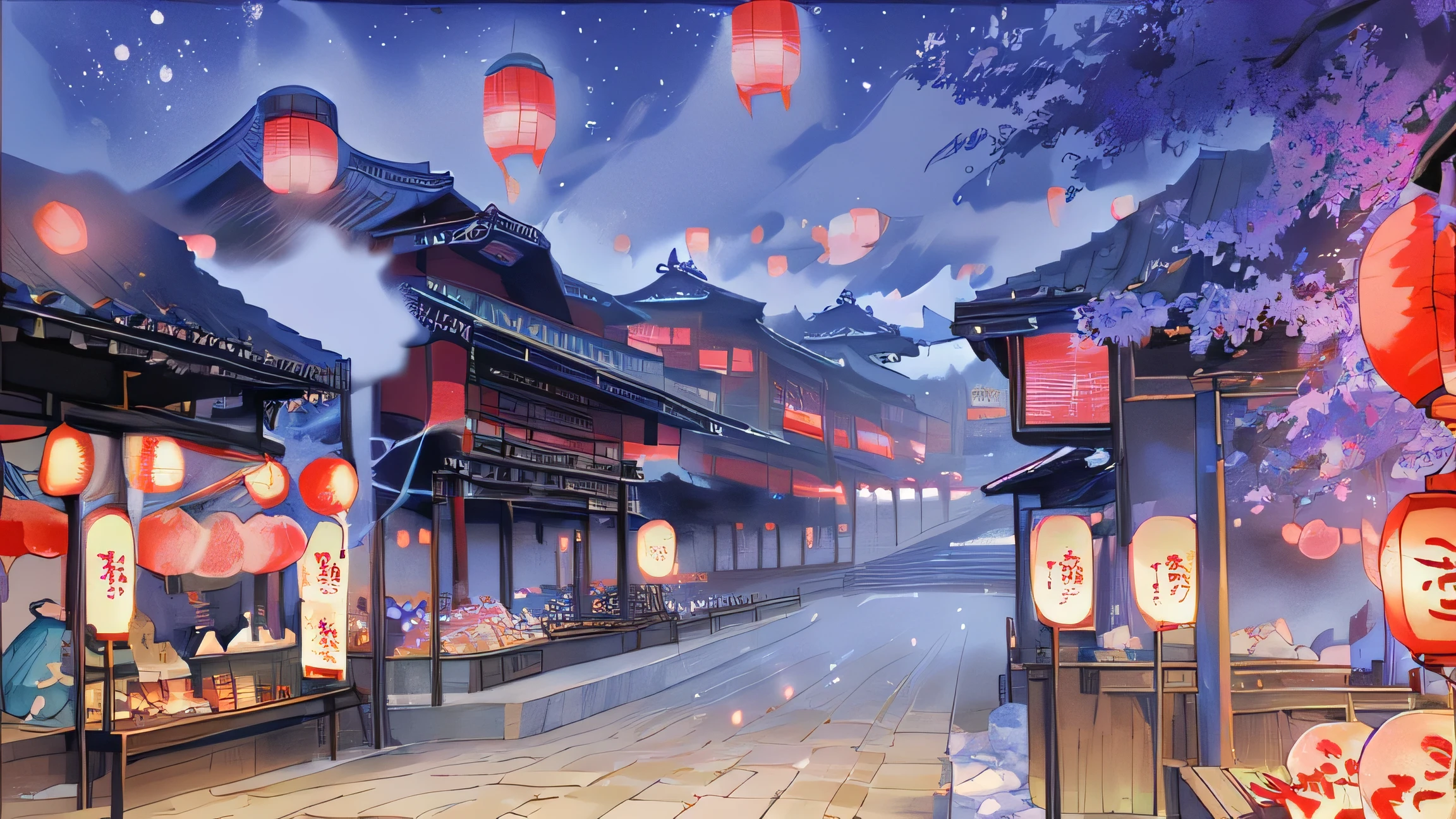 ( Chinese Style), Ancient China , Dream Chinatown , Chinese style love ancient street,Chinese Architecture,Tile house ,Night festival street ,Lively street,lantern,Festival Atmosphere ,Happy Street,illustration, night, fireworks,festival,Game CG,, (illustration: 1.0), epic composition , True Light , High Resolution Details , masterpiece, best quality, ( Very Detailed CG8K Wallpaper )(Small stall),(market), lots of people ,逛market,Little vendors ,