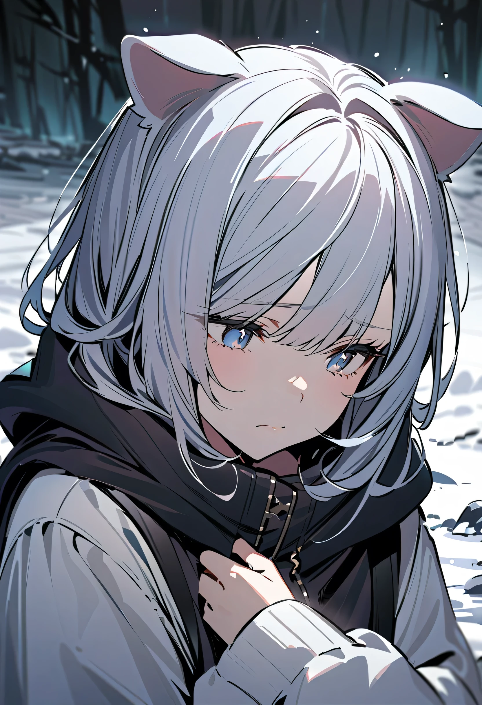 winter, sad, girl with dog ears , Silver Hair, White Dog Ears , melancholy ,凄く melancholy , , melancholy, with a brooding expression ,despair, with a brooding expression , The end of this world