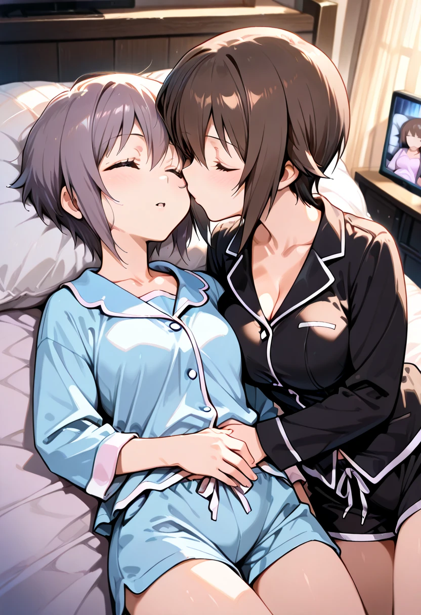 (Highest quality), (masterpiece), highly detailed, Ultra-high resolution, 2 ladies, Mature Woman, Mikasa sisters sleeping side by side, close together, On the left side of the bed, MikotoMikasa is asleep in her tight camisole with her legs spread and I insert my penis into her and impregnate her while having sex with her. While I insert my penis into her, I rub the breasts of Mikasa who is asleep in her tiny camisole on her right., whole body, Eyes that are uniform in shape, Sleeping with both eyes closed, Brown Hair, Short hair with the right side parted and the hair swept back, Short hair with the nape of the neck flipped outwards, Short side hair, She has a full head of pubic hair, Beautiful Vagina, White semen is spilling out from the gap between her vagina and my penis inserted in her vagina., A small cross-section of a uterus with a penis expelling semen in the background,
