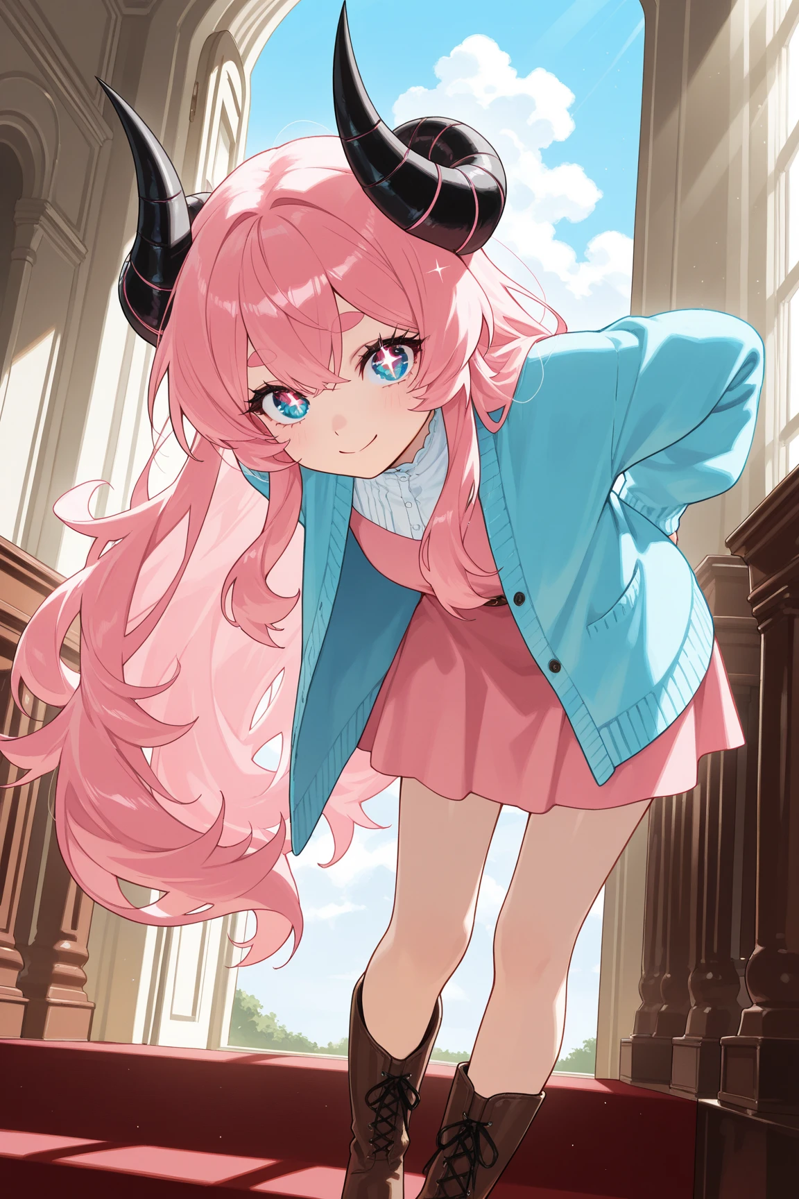 ((score_9, score_8_up, score_7_up, Top Quality)), ((Excellent)), (extremely detailed, absurdres, very aesthetic),  (highly detailed background, lighting), (1girl, Pink fluffy long hair, Gentle and thick eyebrows: 1.1, rounded ram horns, :1.2,  Eyes as absurdly beautiful as jewels, Your eyes are sparkling, Beautiful long eyelashes:1.3, strong eyes, Pink dress, sky blue cardigan, brown boots, Pick up the hem of your skirt, smile, Bend your waist) BREAK Natural elements, fantastical features, light and shadow effects, color and atmosphere BREAK (Aristocratic mansion, red carpeted corridor, beautiful sunlight filtering through the windows, beautiful depiction of trees, sophisticated furnishings)