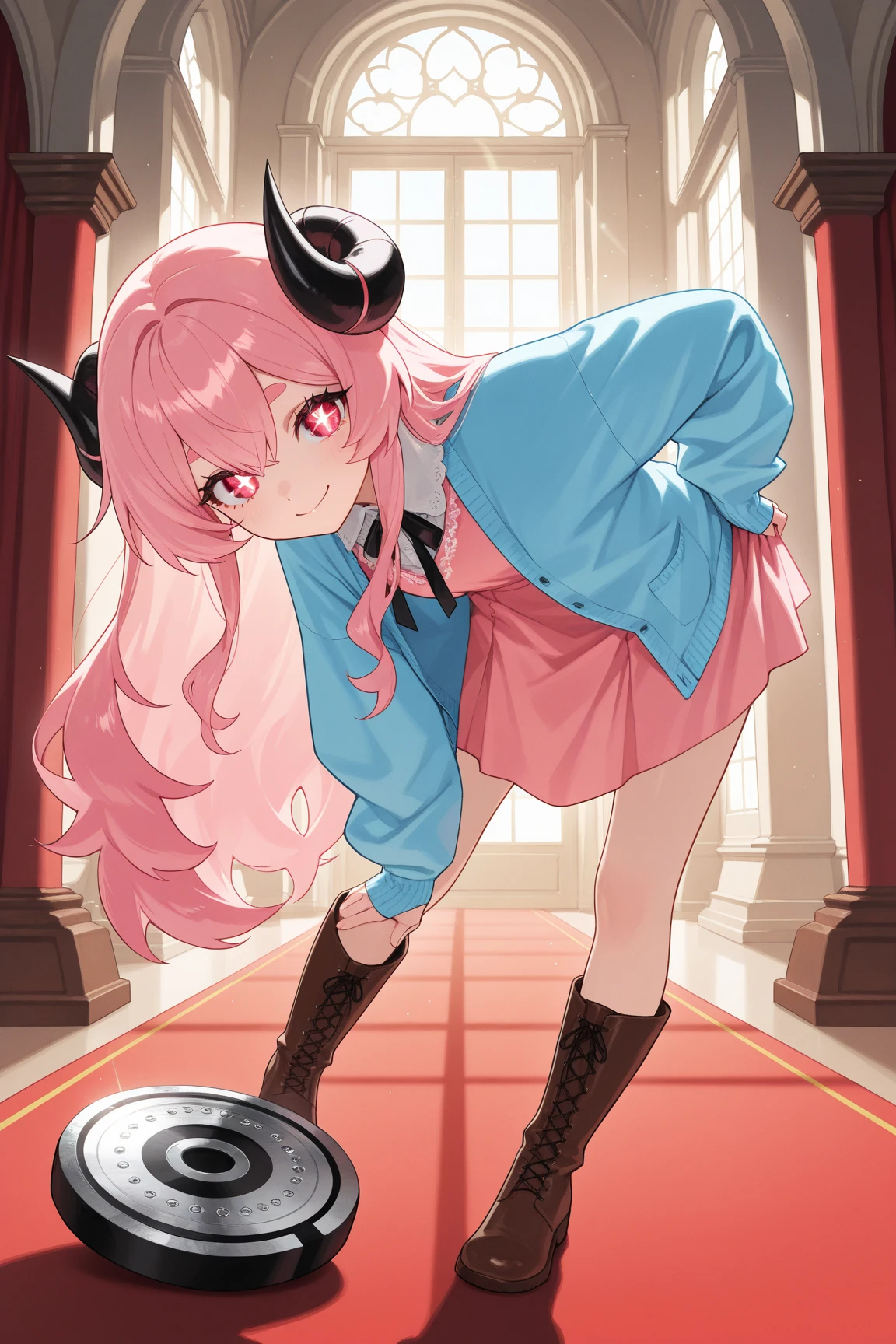((score_9, score_8_up, score_7_up, Top Quality)), ((Excellent)), (extremely detailed, absurdres, very aesthetic),  (highly detailed background, lighting), (1girl, Pink fluffy long hair, Gentle and thick eyebrows: 1.1, rounded ram horns, :1.2,  Eyes as absurdly beautiful as jewels, Your eyes are sparkling, Beautiful long eyelashes:1.3, strong eyes, Pink dress, sky blue cardigan, brown boots, Pick up the hem of your skirt, smile, Bend your waist) BREAK Natural elements, fantastical features, light and shadow effects, color and atmosphere BREAK (Aristocratic mansion, red carpeted corridor, beautiful sunlight filtering through the windows, beautiful depiction of trees, sophisticated furnishings)