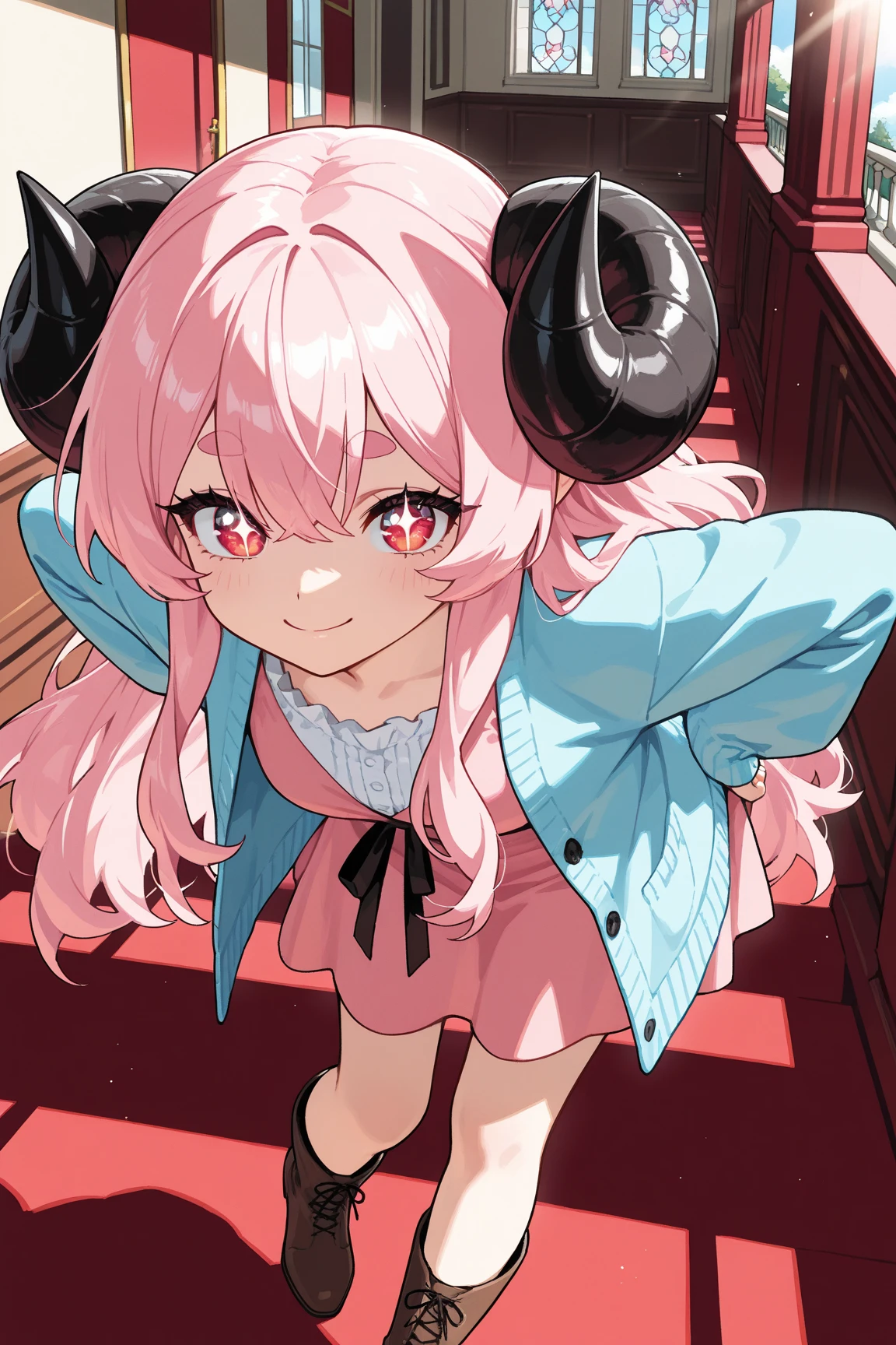 ((score_9, score_8_up, score_7_up, Top Quality)), ((Excellent)), (extremely detailed, absurdres, very aesthetic),  (highly detailed background, lighting), (1girl, Pink fluffy long hair, Gentle and thick eyebrows: 1.1, rounded ram horns, :1.2,  Eyes as absurdly beautiful as jewels, Your eyes are sparkling, Beautiful long eyelashes:1.3, strong eyes, Pink dress, sky blue cardigan, brown boots, Pick up the hem of your skirt, smile, Bend your waist) BREAK Natural elements, fantastical features, light and shadow effects, color and atmosphere BREAK (Aristocratic mansion, red carpeted corridor, beautiful sunlight filtering through the windows, beautiful depiction of trees, sophisticated furnishings)