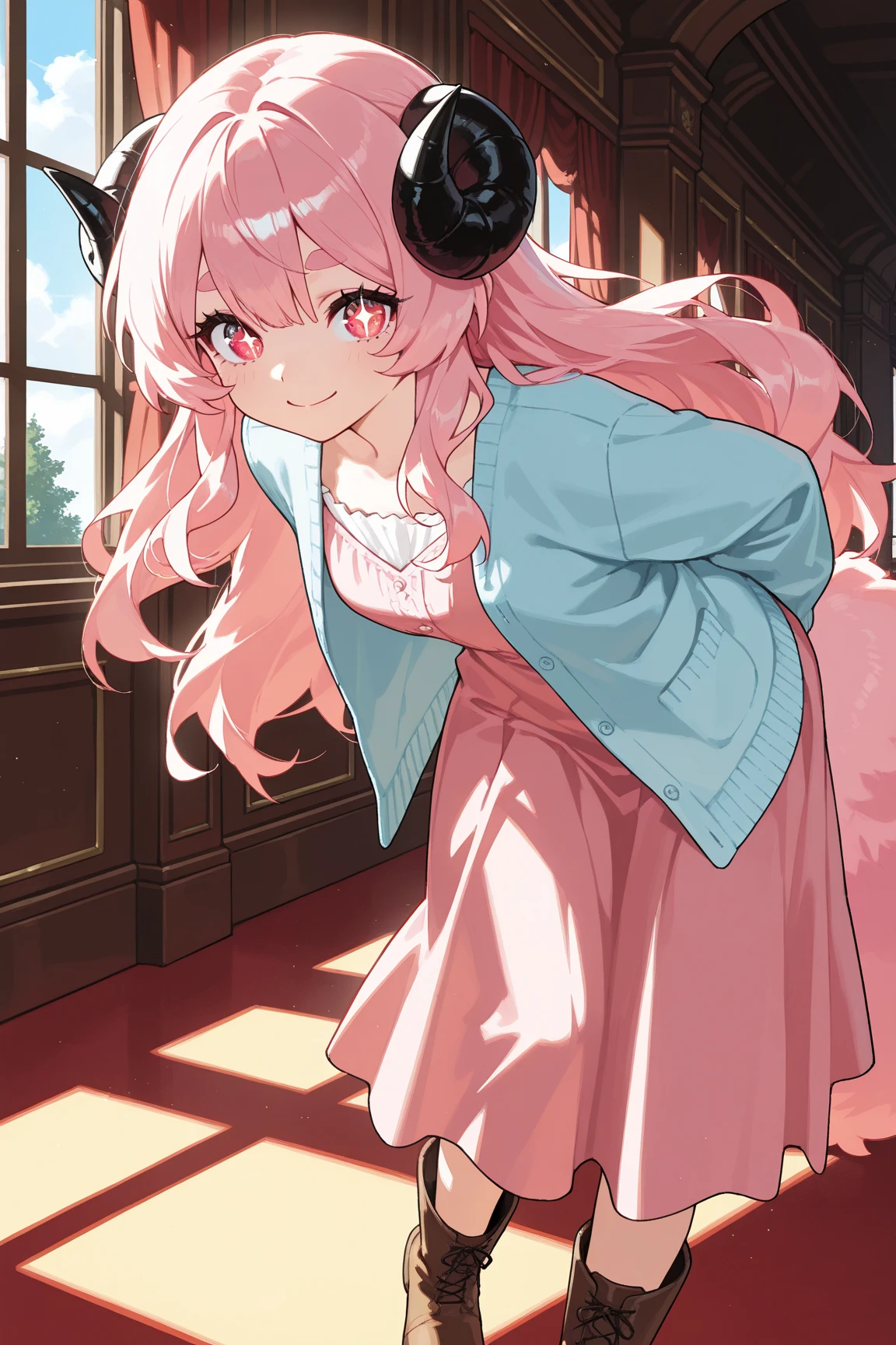((score_9, score_8_up, score_7_up, Top Quality)), ((Excellent)), (extremely detailed, absurdres, very aesthetic),  (highly detailed background, lighting), (1girl, Pink fluffy long hair, Gentle and thick eyebrows: 1.1, rounded ram horns, :1.2,  Eyes as absurdly beautiful as jewels, Your eyes are sparkling, Beautiful long eyelashes:1.3, strong eyes, Pink dress, sky blue cardigan, brown boots, Pick up the hem of your skirt, smile, Bend your waist) BREAK Natural elements, fantastical features, light and shadow effects, color and atmosphere BREAK (Aristocratic mansion, red carpeted corridor, beautiful sunlight filtering through the windows, beautiful depiction of trees, sophisticated furnishings)