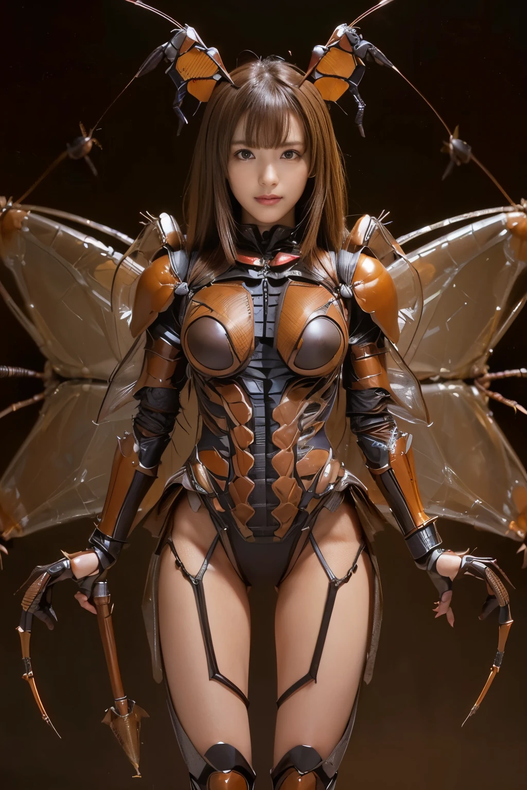 (high resolution,masterpiece,best quality,extremely detailed CG, anime, official art:1.4), realistic, photo, amazing fine details, all intricate, gloss and shiny,awesome many layers, 8k wall paper, 3d, sketch, kawaii, illustration,( solo:1.4), perfect female proportion,villainess, (fusion of dark brown cockroach and lady:1.4), (brown cockroach form lady:1.2), (brown cockroach lady:1.2), (fusion:1.2), (solo:1.4), (evil smile:1.2), muscular, abs, (cockroach brown exoskeleton bio insect suit:1.4), (cockroach brown exoskeleton bio insect armor:1.2), (brown transparency cockroach wing:1.4), (brown cockroach antennae:1.3),