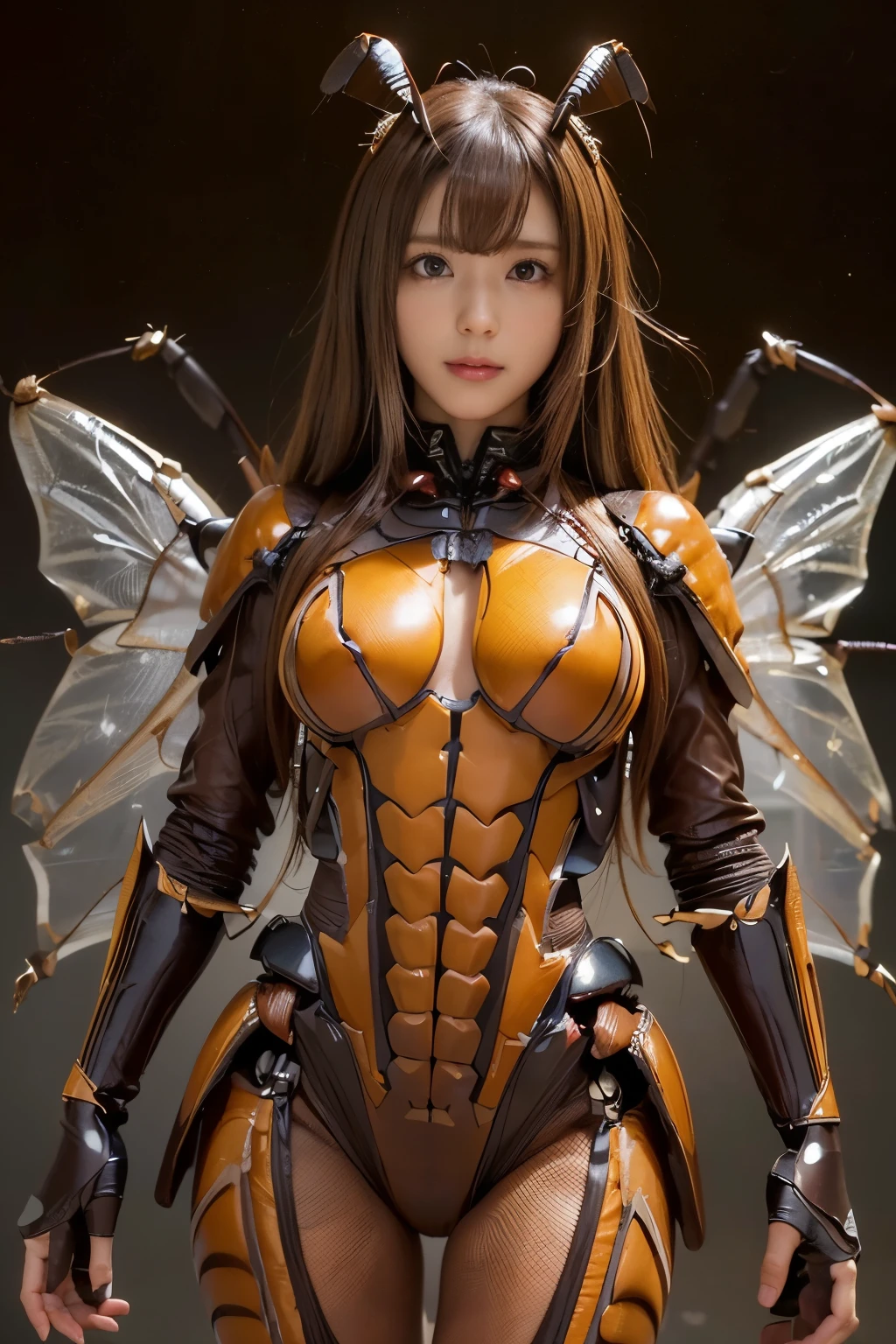 (top-quality:1.2, masterpiece), ultra high res,(Photorealsitic:1.4), (cockroach-like bio insect suit:1.3), heavy weapons,large wings, vivid textures,insect legs, colorful  hair, glowy skin, japanese girl beautiful face,  ((super realistic intricate details)), full body shot, globalillumination, octan render, ultrasharp, character edge light, Details of complex ornaments, Acrylic Clear Cover, Hydraulic cylinder