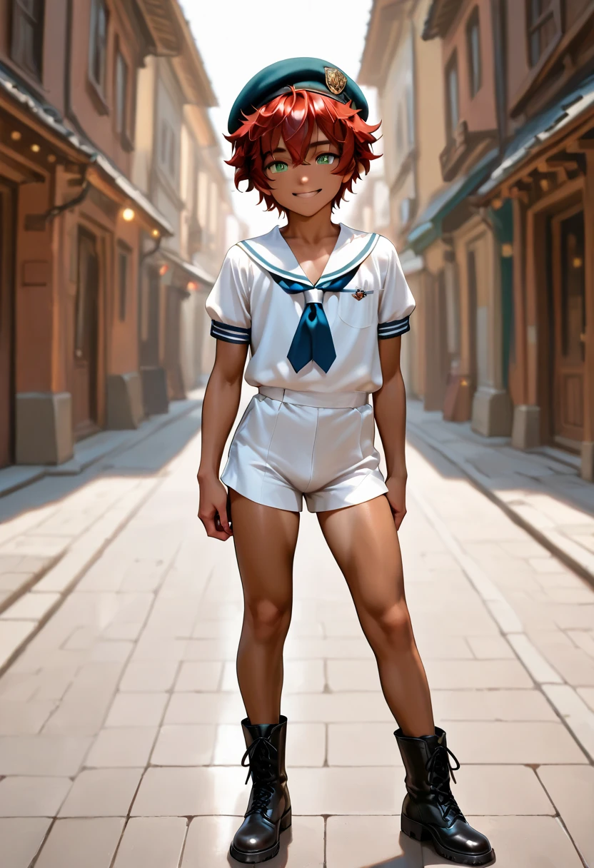 1boy, a, muscular, dark copper tan skin, solo, red hair, short messy hair, beret, white sailor uniform,short pants, green eyes, Western-style American town, standing on the street, smile, masterpiece, best quality, cinematic lighting, black lace up boots, focus on body