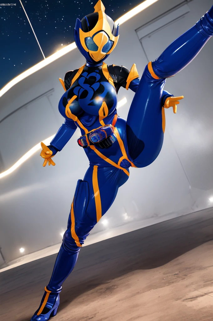 ((a girl)), standing alone, ((A full-face helmet that covers the face and hair)), blue hurricane,Hurricane Ninpuu Sentai, (Thick, intricate lines drawn on the chest), Suit side lines, internal, the suit is blue、Long gloves and boots are white,Ultra miniskirt,fishnet pantyhose, (Very shiny helmet and suit), 3D Helmet,Perfect Balance,Highly detailed CG Unity 8k wallpaper, perfect lighting, tabletop,highest quallity, 超High resolution,4K,very detailled, fot, 8k, Hmph, high resolution, absurdrez:1.2, Photo Kodak 400, film grain, Lens flare,プロのfot撮影, ((anatomically correcte)), open air,forst,(Combat posture, Kung Fu Stance, Kung Fu Action, dynamic angle, fight:1.3),breasts big,erect nippleslips,camel toe,Spread your legs,from low,(torn costume:1.3),(The nipples are visible through the:1.2)