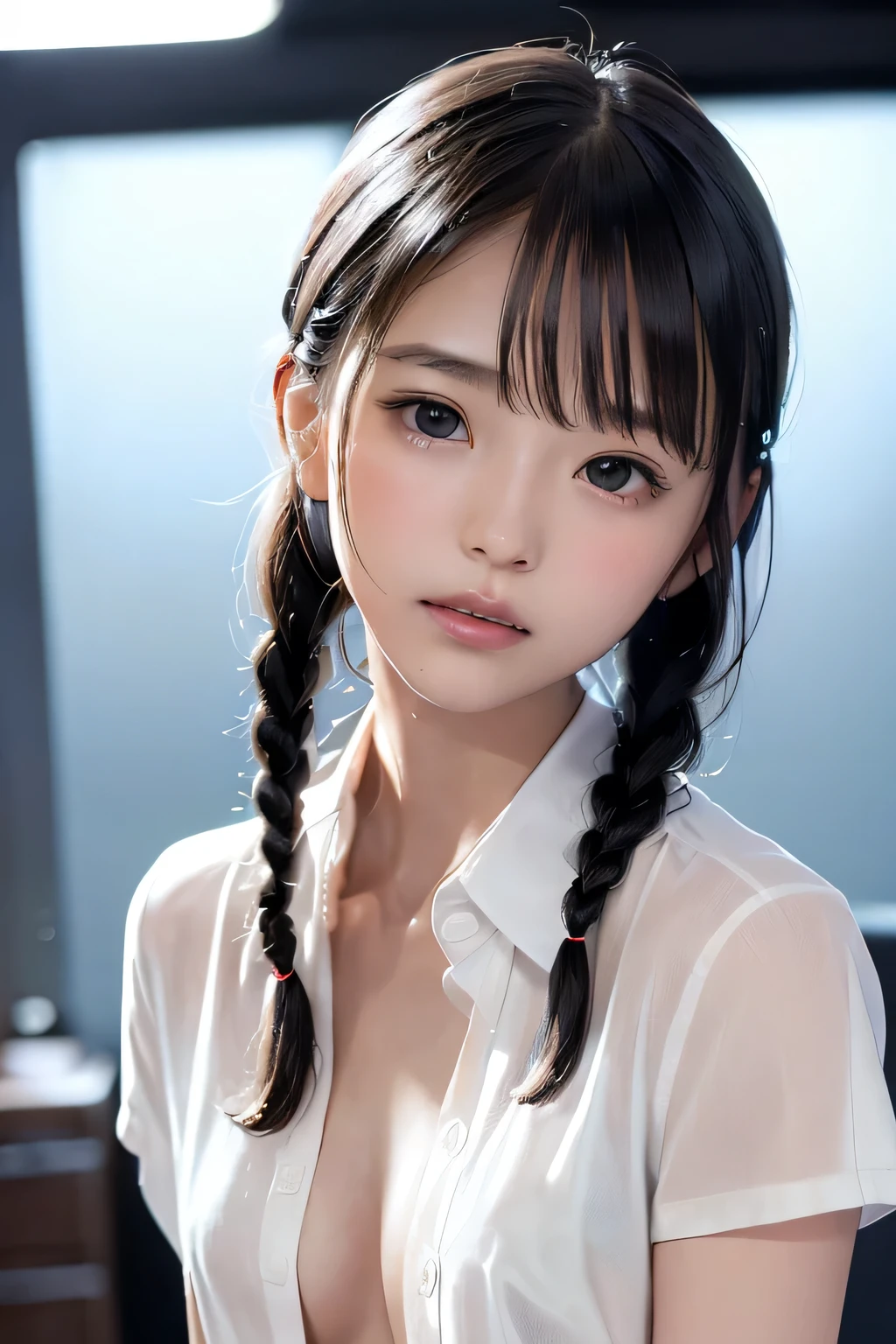 (8k, RAW photo, photorealistic:1.25), (Soaking wet hair, wet short two braids hair, Soaking sweaty hair:1.5), (lip gloss, eyelashes, Shiny surface, Glossy Skin, best quality, ultra highres, allows depth of field, Color Difference , caustics, blow lighting , Natural Shading, kpop idol), (cleavage, flat chest, naked white shirt, nude, short sleeve shirt, Unbuttoned shirt:1.7), crying, tears, tearing, sadness, (dark background, indoor, dark bedroom, night view:1.4)
