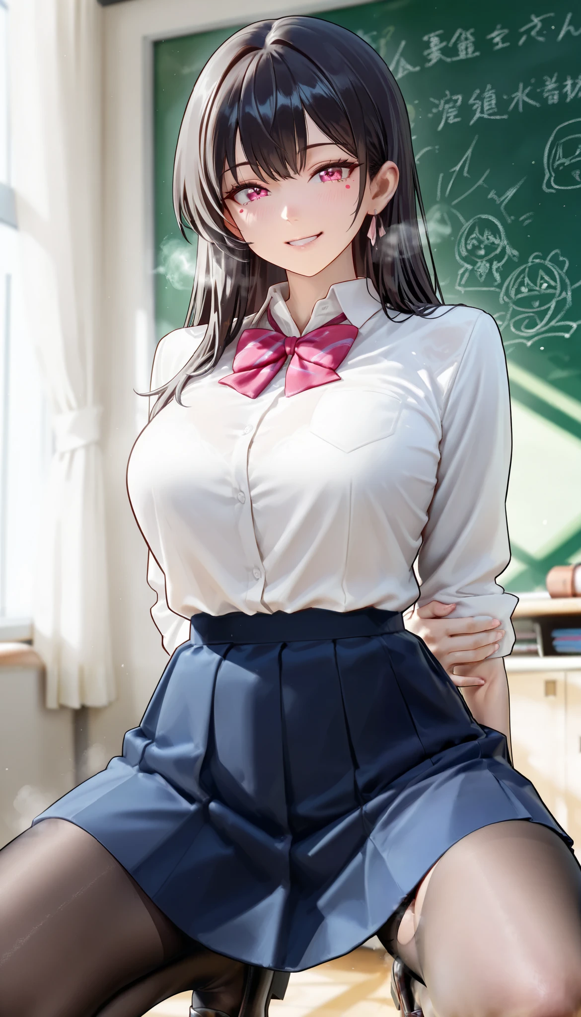 score_9, score_8_ up the side, score_7_ up the side, Super detailed, She wears a fitted blazer、long, dark hair like silk, Her hands are behind her back、Emphasis on proportions, short skirt, And tights. She has a radiant smile , And a confident and graceful attitude, and a confident, graceful attitude . BREAKA breathtakingly beautiful Japanese woman, She squats with a slight bend in her spine、Stunning facial and eye detail, She is posed in a classroom. Superb level of detail、Contains soft steam and light mist, The scene is、Her curvaceous figure、 in a dynamic pose where they open their legs. The atmosphere includes、Emphasis on her elegant posture、 contains soft steam or light haze. ultra high definition , 32K resolution, She wears a modern school uniform , Hausmo style .