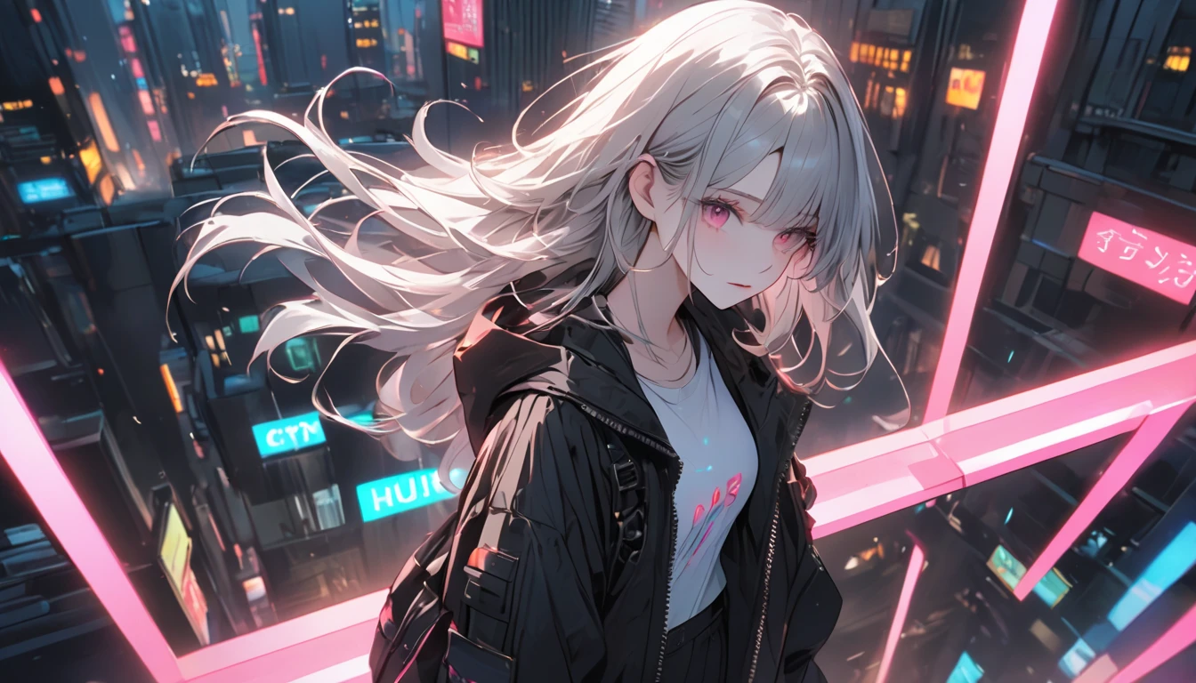 A futuristic city at night, lit by vibrant pink, blue and purple neon lights. The skyline is filled with towering skyscrapers, some with holographic signs. In the foreground, a confident young woman dressed in stylish cyberpunk-inspired clothing stands on a rooftop, looking down on the city. She wears sunglasses that reflect neon lights, and her long hair flows in the wind. The words "CITY'S OURS" appear in bold, glowing typography, tilted slightly for dynamic effect. The scene has a vibrant, club-like atmosphere, with motion blur and streaks of light to enhance the futuristic atmosphere. Woman with long, silver hair, pale skin, red eyes, miniskirt