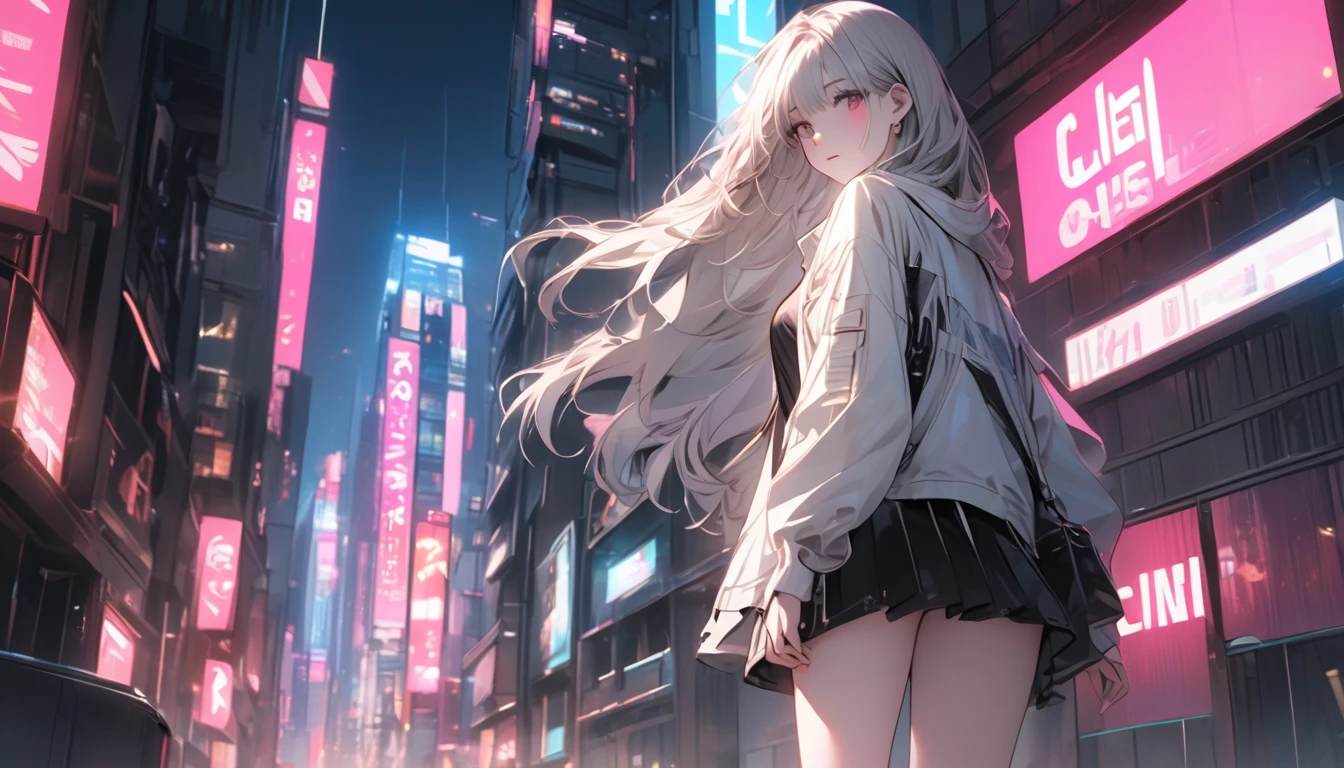 A futuristic city at night, lit by vibrant pink, blue and purple neon lights. The skyline is filled with towering skyscrapers, some with holographic signs. In the foreground, a confident young woman dressed in stylish cyberpunk-inspired clothing stands on a rooftop, looking down on the city. She wears sunglasses that reflect neon lights, and her long hair flows in the wind. The words "CITY'S OURS" appear in bold, glowing typography, tilted slightly for dynamic effect. The scene has a vibrant, club-like atmosphere, with motion blur and streaks of light to enhance the futuristic atmosphere. Woman with long, silver hair, pale skin, red eyes, miniskirt