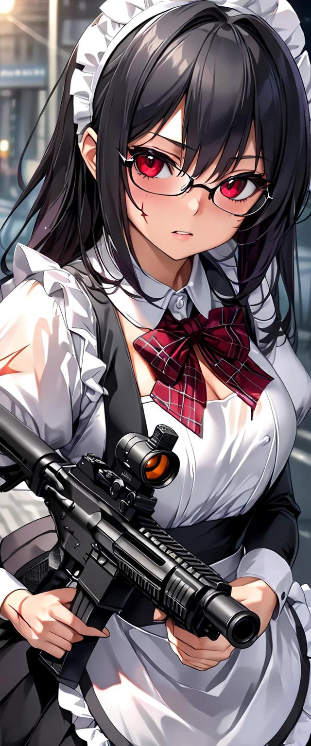 (Perfect Anatomy)、Mastepiece、Ultra High Quality、 8K、Photorealistic、masterpiece、highest quality、Ultra-high resolution、Maximum resolution、Very detailed、Professional Lighting、anime、Adult female、thin、so beautiful、Highly detailed eye、high school girl、Maid clothes、Equipped with an assault rifle、(((Scar L )))、Red Eye、Black Hair、Long hangerless gloves、Red glasses、Join the battlefield alone、Holding a gun with both hands、Merciless attack,