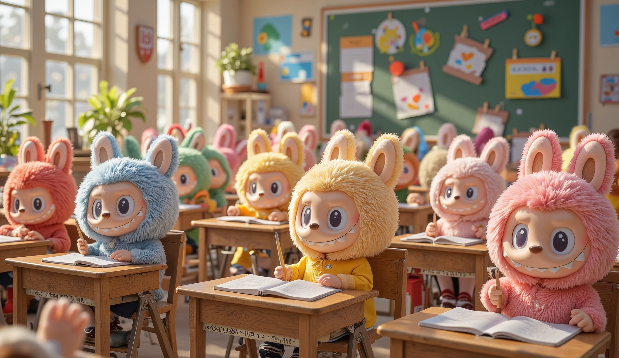 A classroom filled with Labubu students of various fur colors—yellow, blue, pink, red, green, and more—sitting at their desks, looking cheerful and engaged. Their round eyes sparkle with excitement as they smile and interact with one another. Some hold pencils, others have open books, while a few are playfully waving at the front.
The background showcases a vibrant classroom atmosphere with wooden desks neatly arranged. The walls are adorned with colorful educational posters, including charts, maps, and fun illustrations, adding a lively and welcoming feel. Sunlight streams through the windows, casting a warm glow on the room, enhancing the cozy yet energetic environment where these adorable Labubu students learn and have fun together.