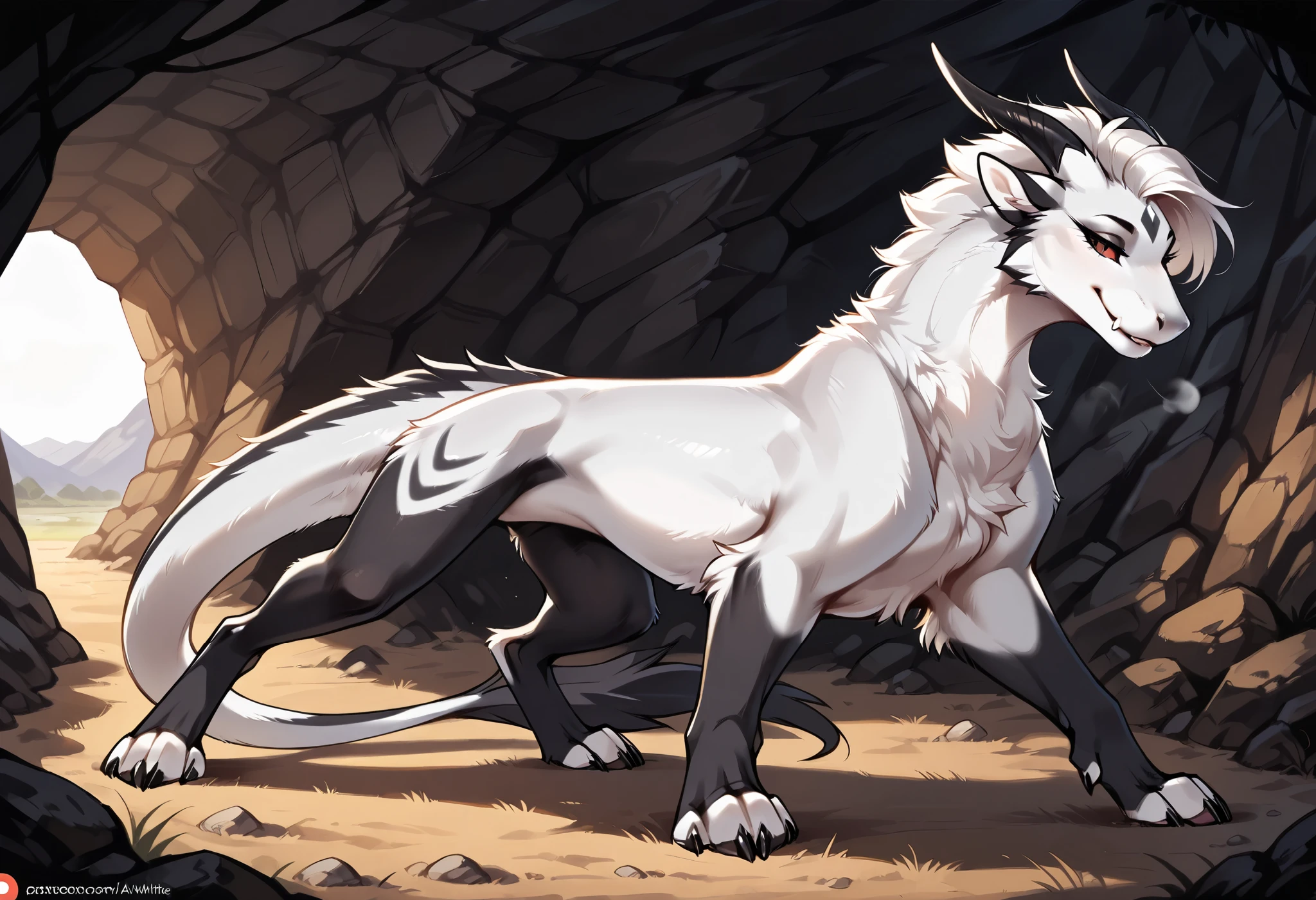 solo, feral, Furry girl with short hair,, with white black fur, black legs with white fur, dragon tail mixed with a white fur , one completely black eye and the other normal, horns, seductive pose, detailed background