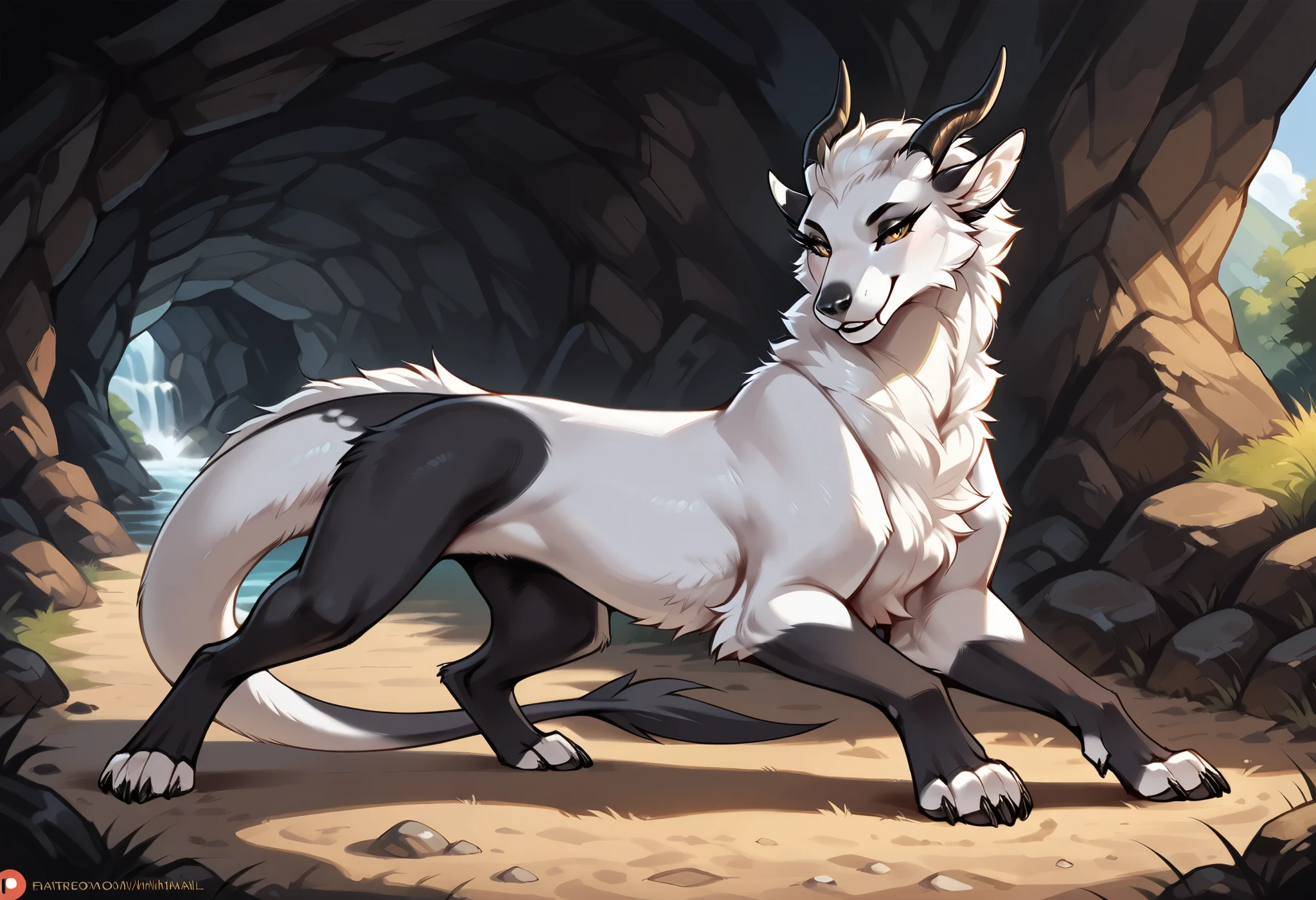 solo, feral, Furry girl with short hair,, with white black fur, black legs with white fur, dragon tail mixed with a white fur , one completely black eye and the other normal, horns, seductive pose, detailed background
