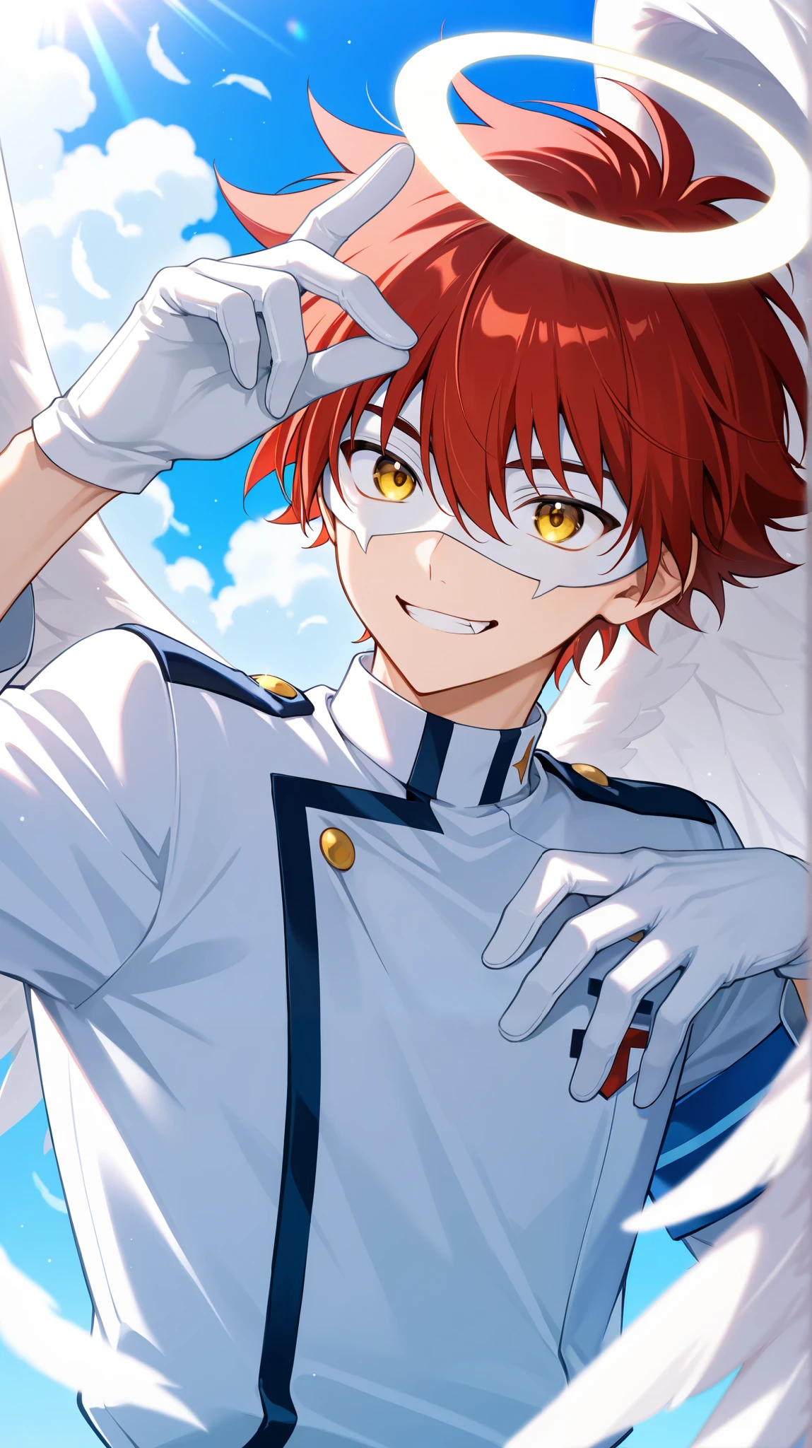 Full pure White hero masked men anime, solo, male focus,white angle uniform,white eye mask,gloves,angel,1boy,mysterious grin,fang out,male focus,big white angel wing,angel halo,golden eyes,day sky clouds heaven bankground,sunshine,light smile,male focus,playful, reki kyan, 1boy, solo, red hair,model pose,