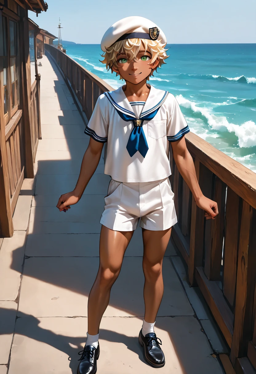 1boy, a, muscular, dark copper tan skin, solo, yellow hair, short messy hair, beret, white sailor uniform, short pants, green eyes, Western-style American town, port, ocean, standing on the street, smile, masterpiece, best quality, cinematic lighting, deck shoes, focus on body
