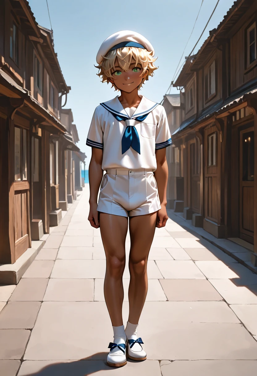 1boy, a, muscular, dark copper tan skin, solo, yellow hair, short messy hair, beret, white sailor uniform, short pants, green eyes, Western-style American town, port, ocean, standing on the street, smile, masterpiece, best quality, cinematic lighting, deck shoes, focus on body