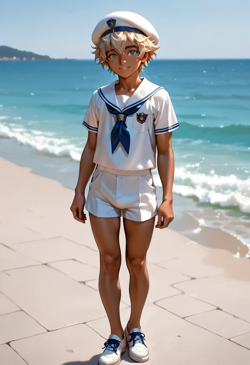 1boy, a, muscular, dark copper tan skin, solo, yellow hair, short messy hair, beret, white sailor uniform, short pants, green eyes, Western-style American town, port, ocean, standing on the street, smile, masterpiece, best quality, cinematic lighting, deck shoes, focus on body