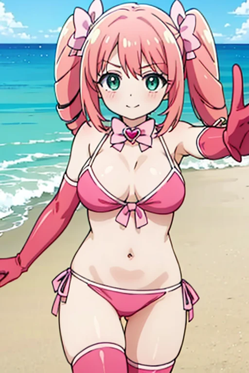 anime_still, masterpiece, best quality, y, 1girl, Yuno Gasai is sunbathing on the beach in a one-piece swimsuit, (large bre1), red eyes, beach, sunbathing, relaxing, sunbed, happy,