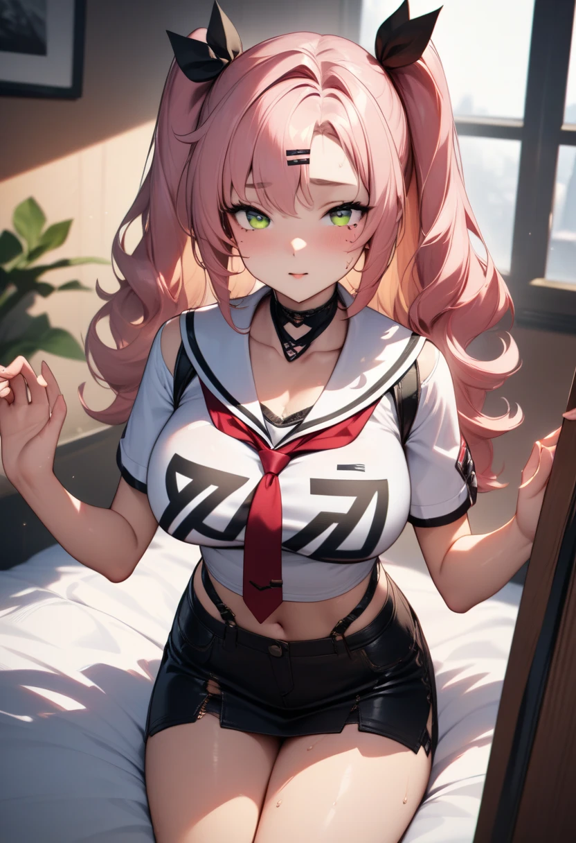 A (beautiful) schoolgirl with pink twin tails. She has (pink luminous eyes)
BREAK, Her round breasts are big:0.8. She is slim but has thick thighs.
BREAK, She is wearing a (black sailor crop top uniform), a heart symbol and a pink ribbon.
She is also wearing black thigh-highs.