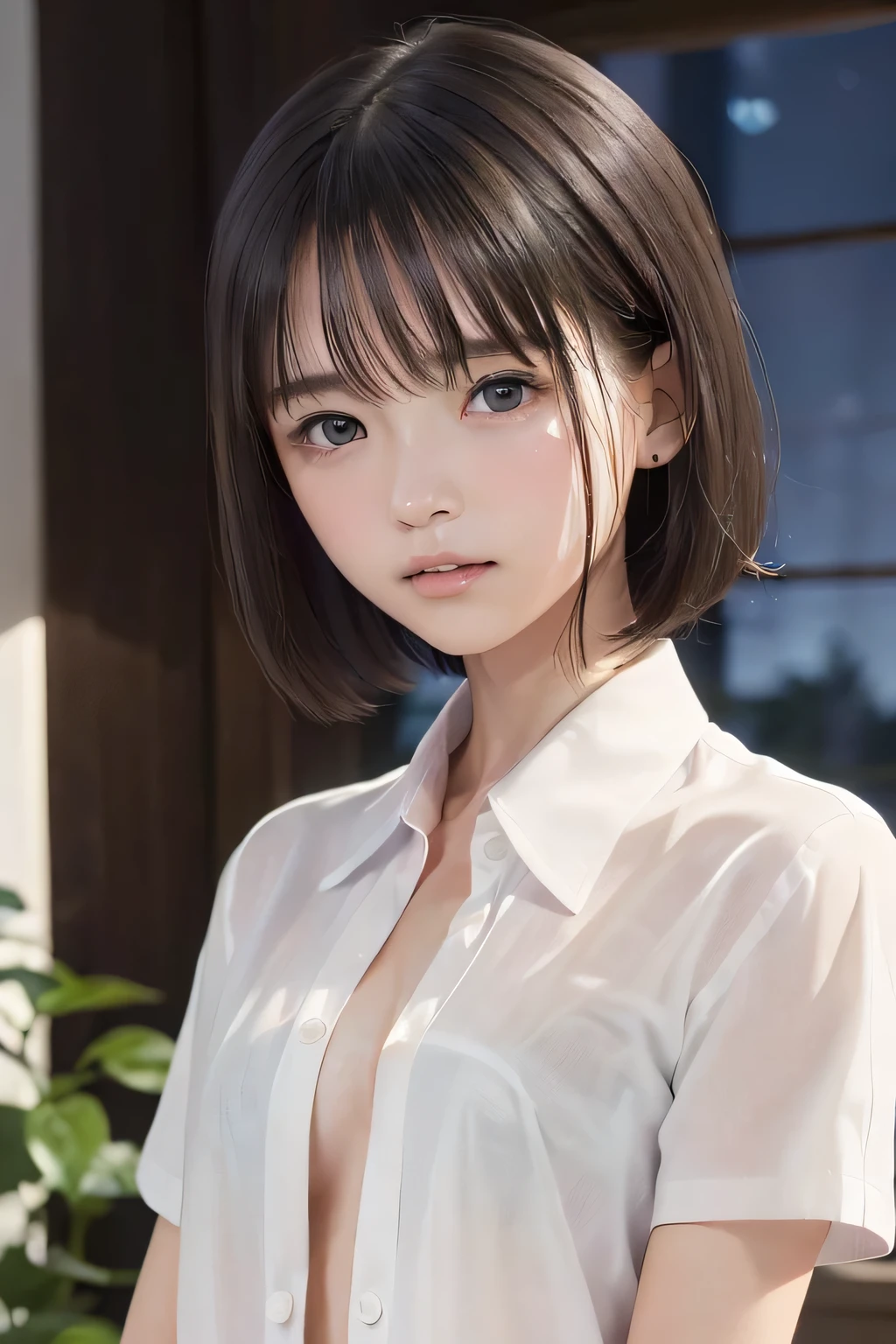 (8k, RAW photo, photorealistic:1.25), (looking at viewer, Soaking wet hair, Disheveled short Hair, wet short hair, Soaking sweaty hair:1.5), (lip gloss, eyelashes, Shiny surface, Glossy Skin, best quality, ultra highres, allows depth of field, Color Difference , caustics, blow lighting , Natural Shading, kpop idol), (cleavage, flat chest, naked white shirt, nude, short sleeve shirt, Unbuttoned shirt:1.7), crying, tears, tearing, sadness, (dark background, indoor, dark livingroom, night view:1.4)