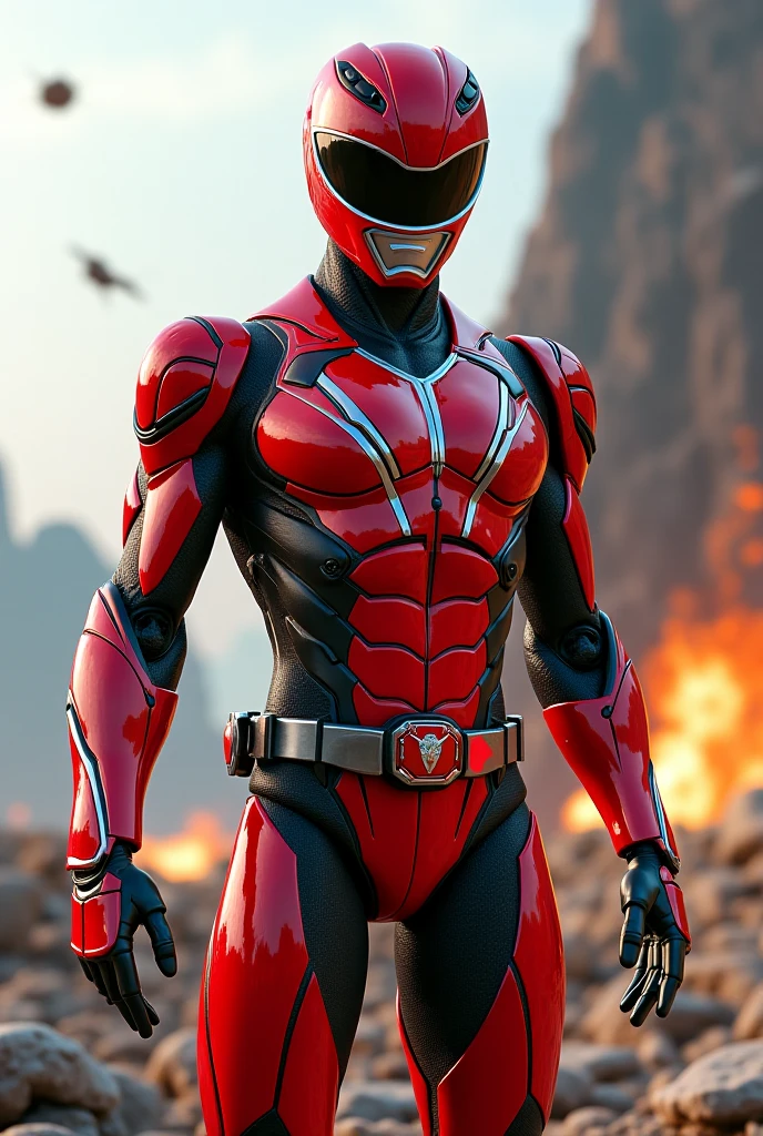 Full body photorealistic handsome hunky masculine orange Power Ranger,,unreal engine, extremely attractive male wearing orange and silver scales transparent mesh bodysuit, with embosed " star " on the chest, with belt and gloves and helmet,,,extremely masculine physique, intricately detailed metal body armour, super bulge, realistic skin, in action, fantasy background