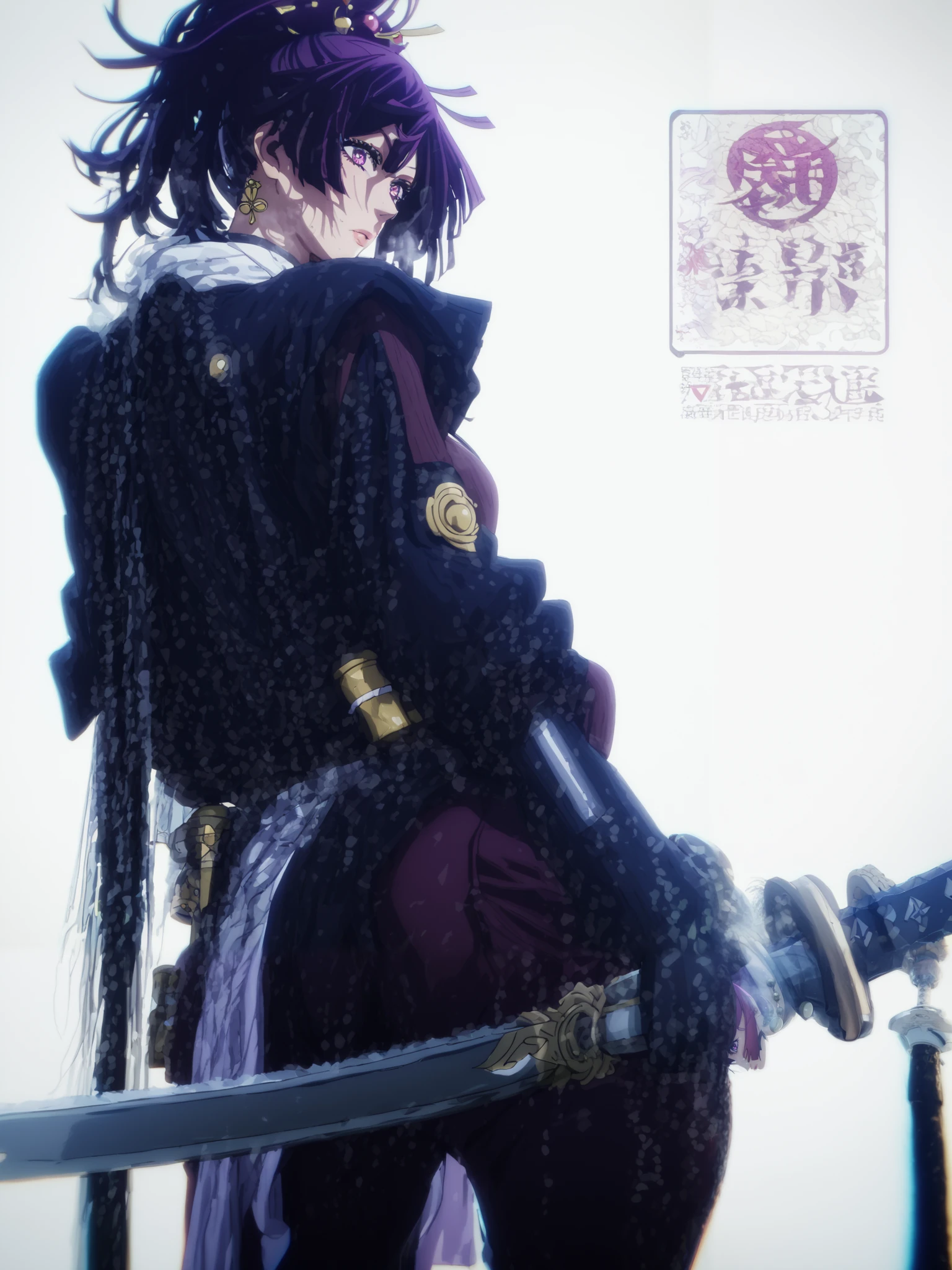 score_9, score_8_up, score_7_up, score_6_up, score_5_up, score_4_up, uncensored, yuzuriha, hair ornament, purple eyes, ponytail, purple hair, large breasts, bright pupils, 3d, cgi, (voluptuous:1.3), (thick:1.3), BREAK UHD, retina, masterpiece, accurate, anatomically correct, textured skin, super detail, high details, high quality, award winning, best quality, highres, 4K, excessive sweating, sweating, sweating drop, (gasping, heavy breathing:1.3), (skindentation:1.2), perfect eyes, beautiful eyes, eyelashes, makeup, detailed body, perfect body, BREAK, 1girl, weapon, solo, ass, sword, jewelry, earrings, holding_weapon, holding, white_background, looking_back, holding_sword, looking_at_viewer, simple_background, from_behind, sheath, jacket, black_jacket, breasts, bodysuit, katana, lips, cowboy_shot, mechanical suit