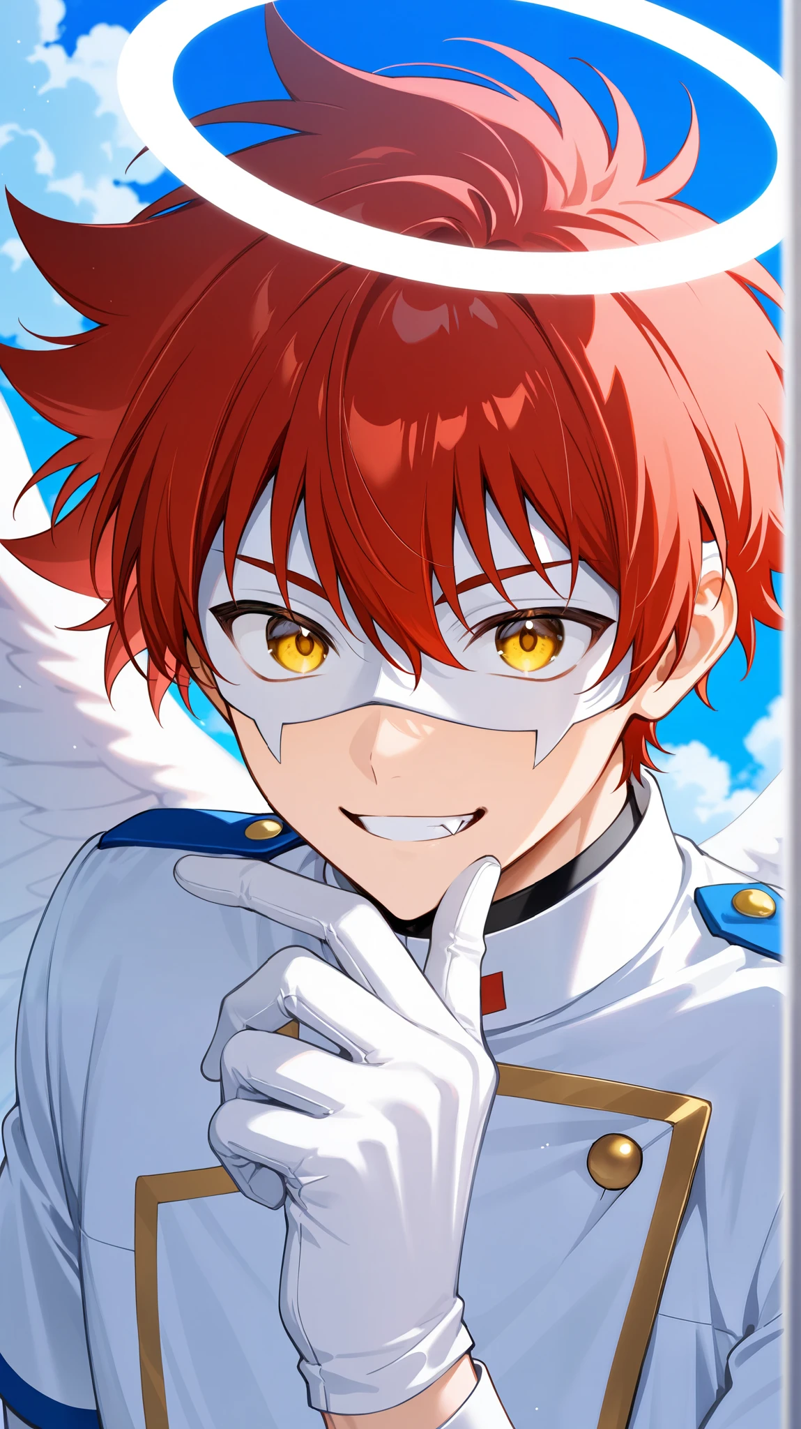 Full pure White hero masked men anime, solo, male focus,white angle uniform,white eye mask,gloves,angel,1boy,mysterious grin,fang out,male focus,big white angel wing,angel halo,golden eyes,day sky clouds heaven bankground,sunshine,light smile,male focus,playful, reki kyan, 1boy, solo, red hair,model pose,face focus,