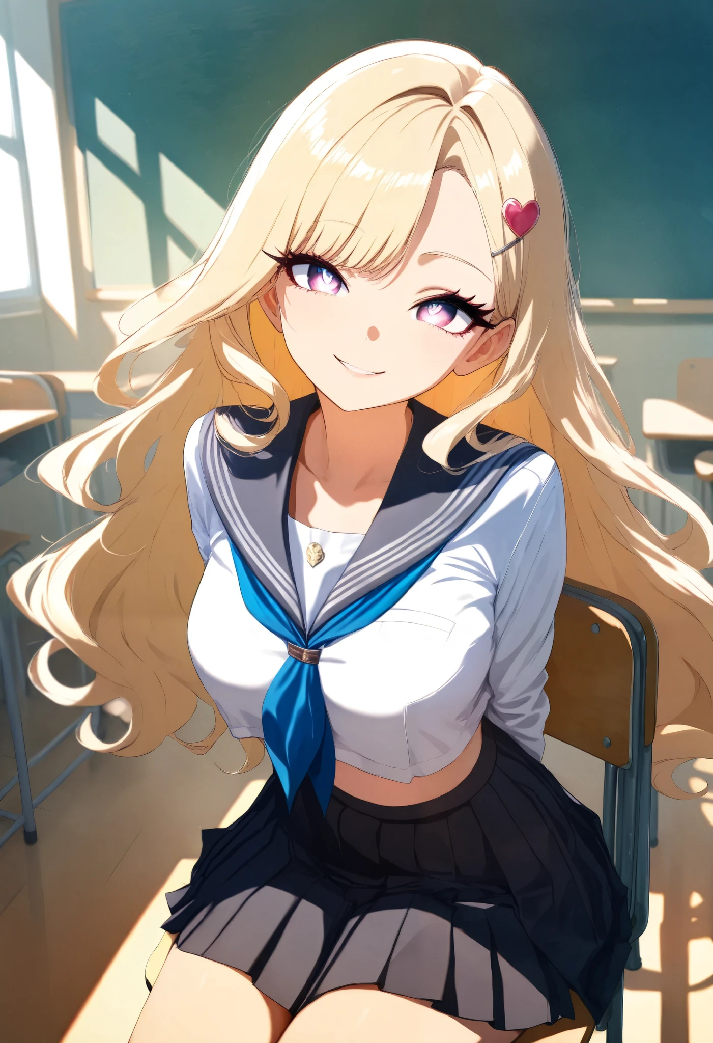 ((year {2021}, masterpiece, high score, great score, absurdres)), anime style, 1 female, ( blonde, wave hair, asymmetrical left and right bangs , Heart Hairpin, small face, beautiful skin, smile), Beautiful and shining eyes, glossy lips , very detailed eyes and face, long eyelashes, ( school uniform , sailor suit, Cropped Tops , Gray Pleated Skirt), sit on a chair, Place your hands behind your back., looks up at viewers , cowboy shot, School Scene, Classroom background, Quiet, light shining in , perfect face, Perfect Hands, PERFECT LEGS , perfect fingertips,
