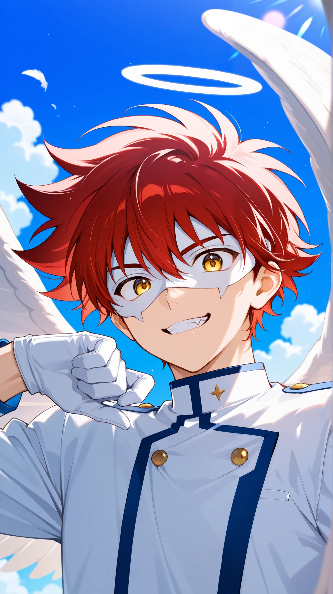Full pure White hero masked men anime, solo, male focus,white angle uniform,white eye mask,gloves,angel,1boy,mysterious grin,fang out,male focus,big white angel wing,angel halo,golden eyes,day sky clouds heaven bankground,sunshine,light smile,male focus,playful, reki kyan, 1boy, solo, red hair,model pose,face focus,