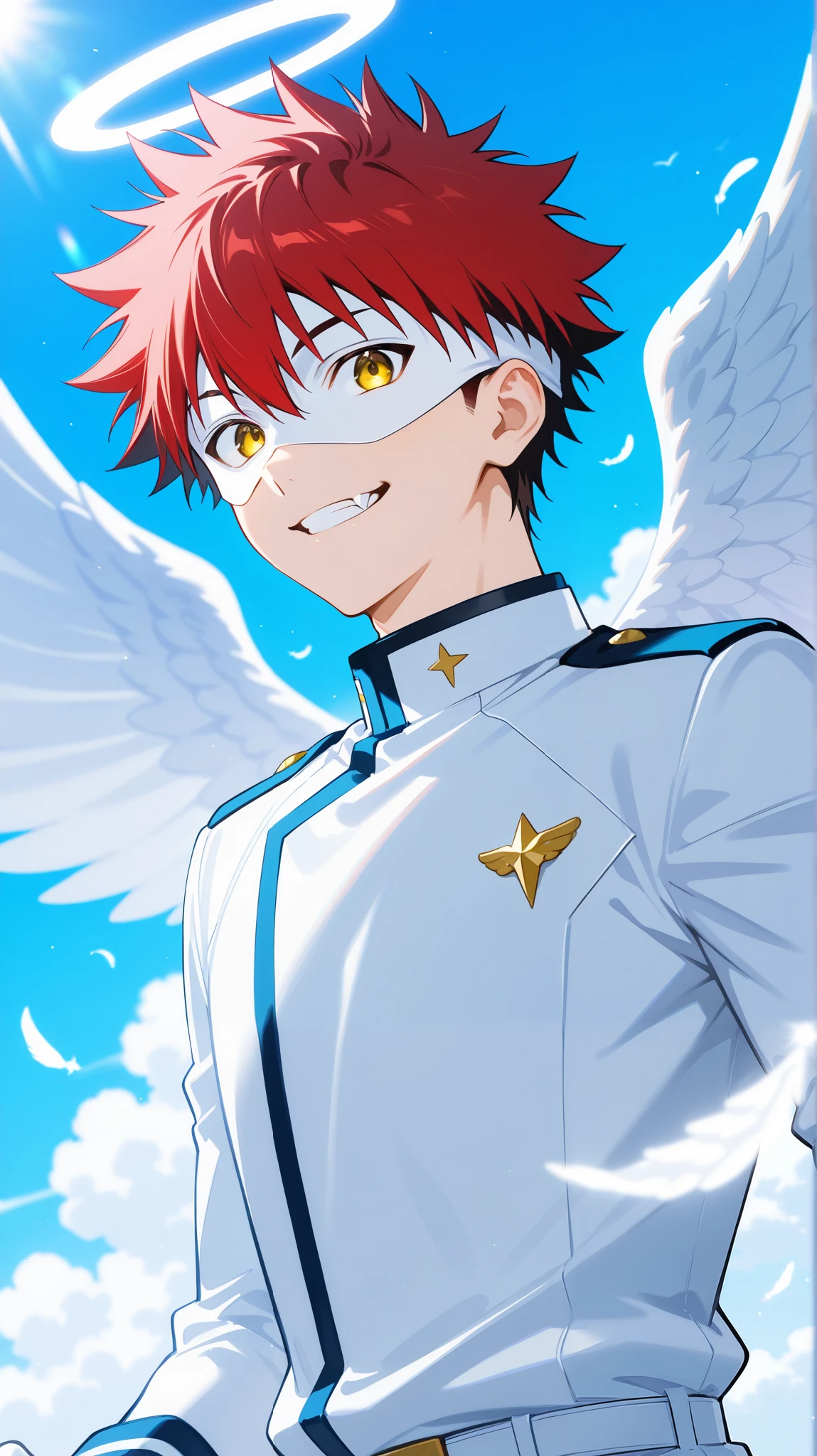 Full pure White hero masked men anime, solo, male focus,white angle uniform,white eye mask,gloves,angel,1boy,mysterious grin,fang out,male focus,big white angel wing,angel halo,golden eyes,day sky clouds heaven bankground,sunshine,male focus,playful, souma_yukihira, red hair,