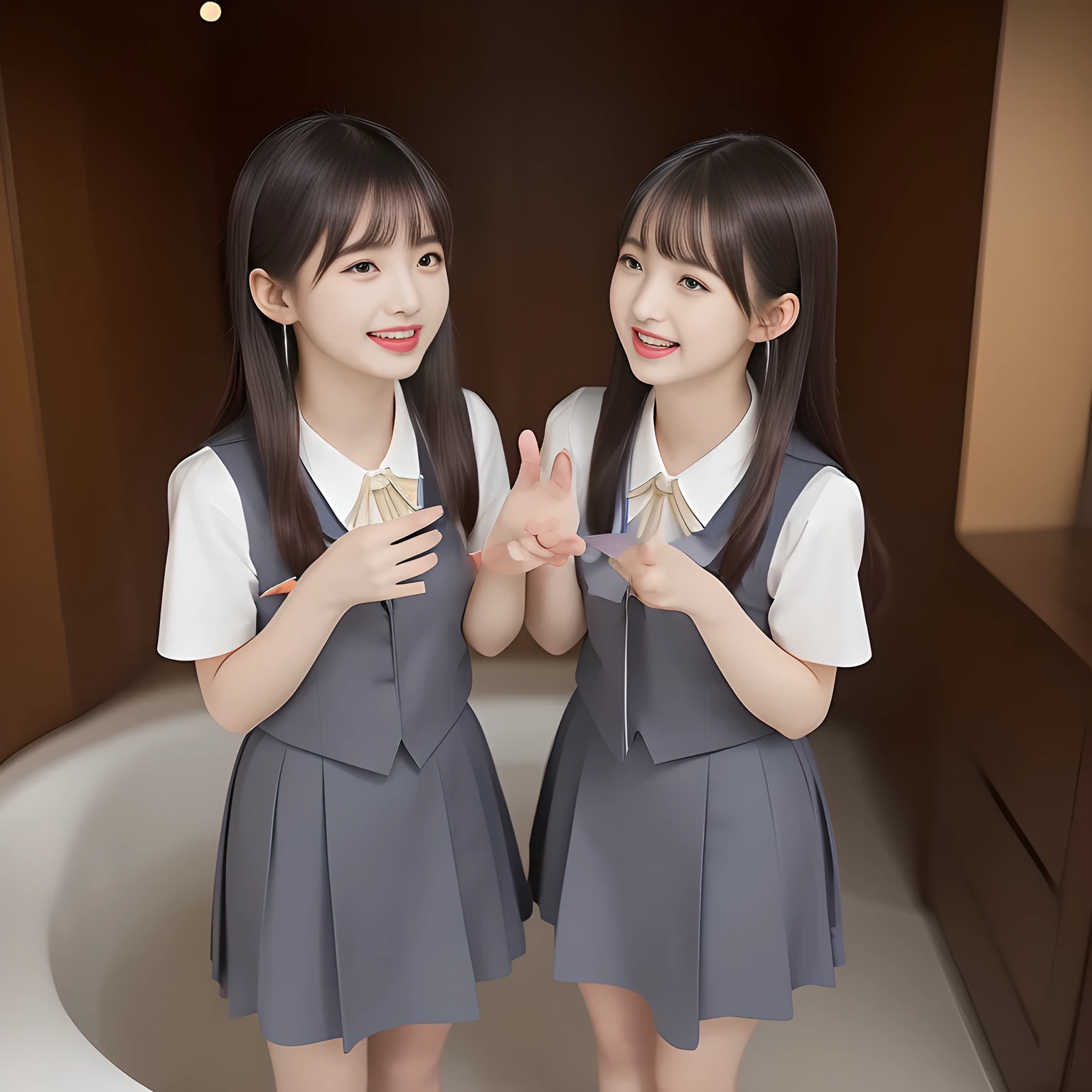 (highest quality, masterpiece, high resolution:1.2), 4K, (Photo quality detailed foreground: 1.2), geometry, ((bewitching naughty rascal younger sister succubi twins) (make fun of the viewer's very sensitive body and move together rhythmically with shampoo foam) in the viewer's clear lewd fetish dream. Girls twins of Cute noble girly very-long-hair Japanese photo model are seated ((in a gorgeous lascivious bathtub of bathroom under shower water)) and can't stop kissing the viewer and looking at the viewer with her (too beautiful eyes like laughing fashion model, (laughing surprised face)), (Using expensive face-whitening cosmetics to make her skin more beautiful and pure by professional makeup artist: 1.5), (devious girlish fascinating laughter in bliss, devious girlish pose: 2.0), Laughing cutely, ((Light-Gray) Japanese school girly vest Uniform with neat girly light-yellow short-sleeves school blouse, puffed short sleeves: 1.2), (Dark blue glossy glossy school ribbon on the breast: 1.0), (Extremely laughing cheeks: 1.8), (Beautiful light-amber large clear open eyes with balanced and detailed cutely: 1.4), (double eyelids: 1.0), (highly curled bangs: 1.2), (Glossy lips: 1.0), (very expensive earrings with gems: 1.2), (white and clear skin: 1.0), (Laughing cute princess's eyes looking at me: 1.2), (Very shy, cute, slender, pretty, pretty, too girly & Girlish: National Beautiful Girl Grand Prix winners twins in the viewer's clear lewd fetish dream: 2.0), (The girls know well about the viewer's super fetishism for school uniforms, and satisfies it completely with her hands and skirts deeply (in the viewer's clear lewd deep dream): 1.3)
