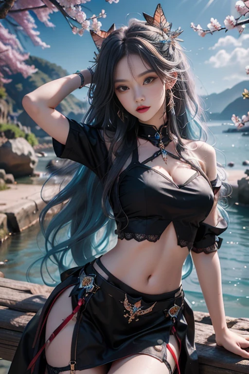 dress,navel, Urban beautiful girl college student, masterpiece, light makeup, red lips, silver hair, messy long hair, street background, beautiful, elegant. Ultra-fine details, master works, real texture, cinematic lighting realism, perfect work, 8k, HD, exquisite facial features, slim figure, bright big eyes, smooth skin, earrings, necklace, tattoos