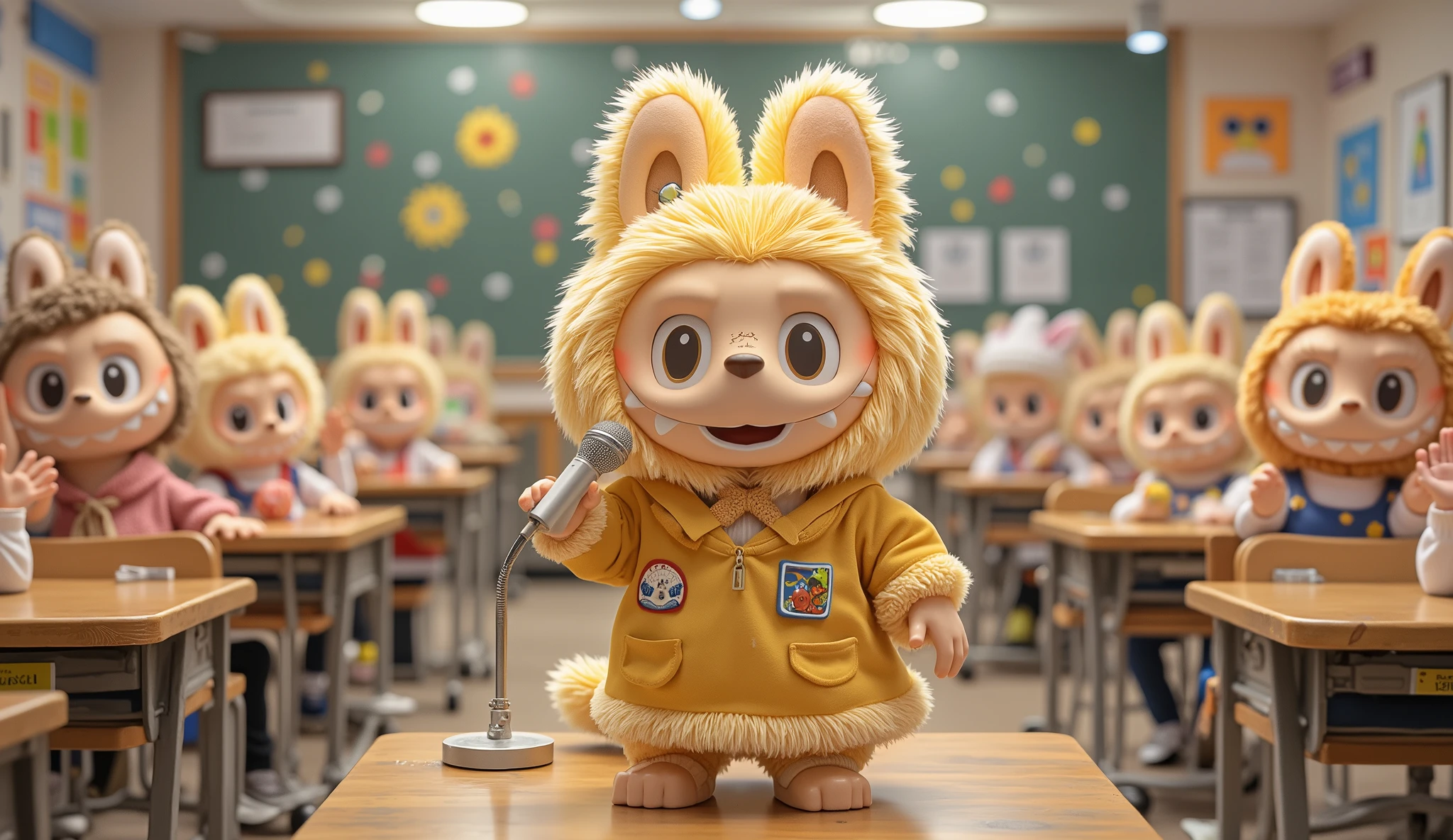 A yellow Labubu as a female student, wearing the same school uniform as in the previous prompt, with a cute hair clip adding a charming touch. She stands at the front of the classroom, passionately singing into a microphone, eyes closed as she deeply feels the music. Her small paws grip the mic firmly, and her expression shows pure emotion.
The background features a lively classroom setting with wooden desks and colorful posters on the walls. Fellow Labubu students of various fur colors sit at their desks, watching with admiration and excitement. Some smile, while others clap along, creating a warm and supportive atmosphere in the class.