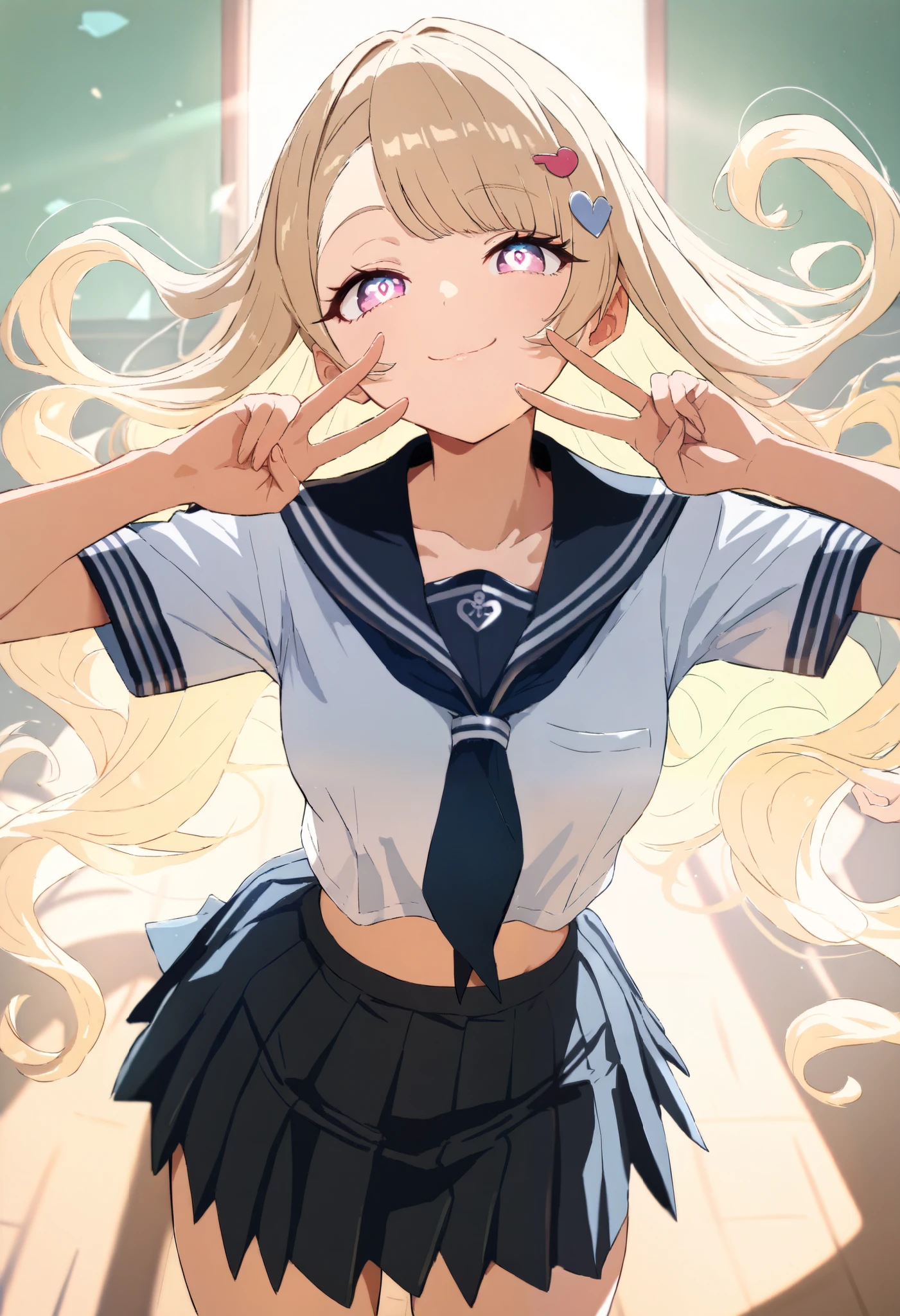 ((year {2021}, masterpiece, high score, great score, absurdres)), anime style, 1 female, ( blonde, wave hair, asymmetrical left and right bangs , Heart Hairpin, small face, beautiful skin, smile), Beautiful and shining eyes, glossy lips , very detailed eyes and face, long eyelashes, ( school uniform , sailor suit, Cropped Tops , Gray Pleated Skirt), cute pose , V sign with both hands, hand sign, looks up at viewers , cowboy shot, School Scene, Classroom background, Quiet, light shining in , perfect face, Perfect Hands, PERFECT LEGS , perfect fingertips,