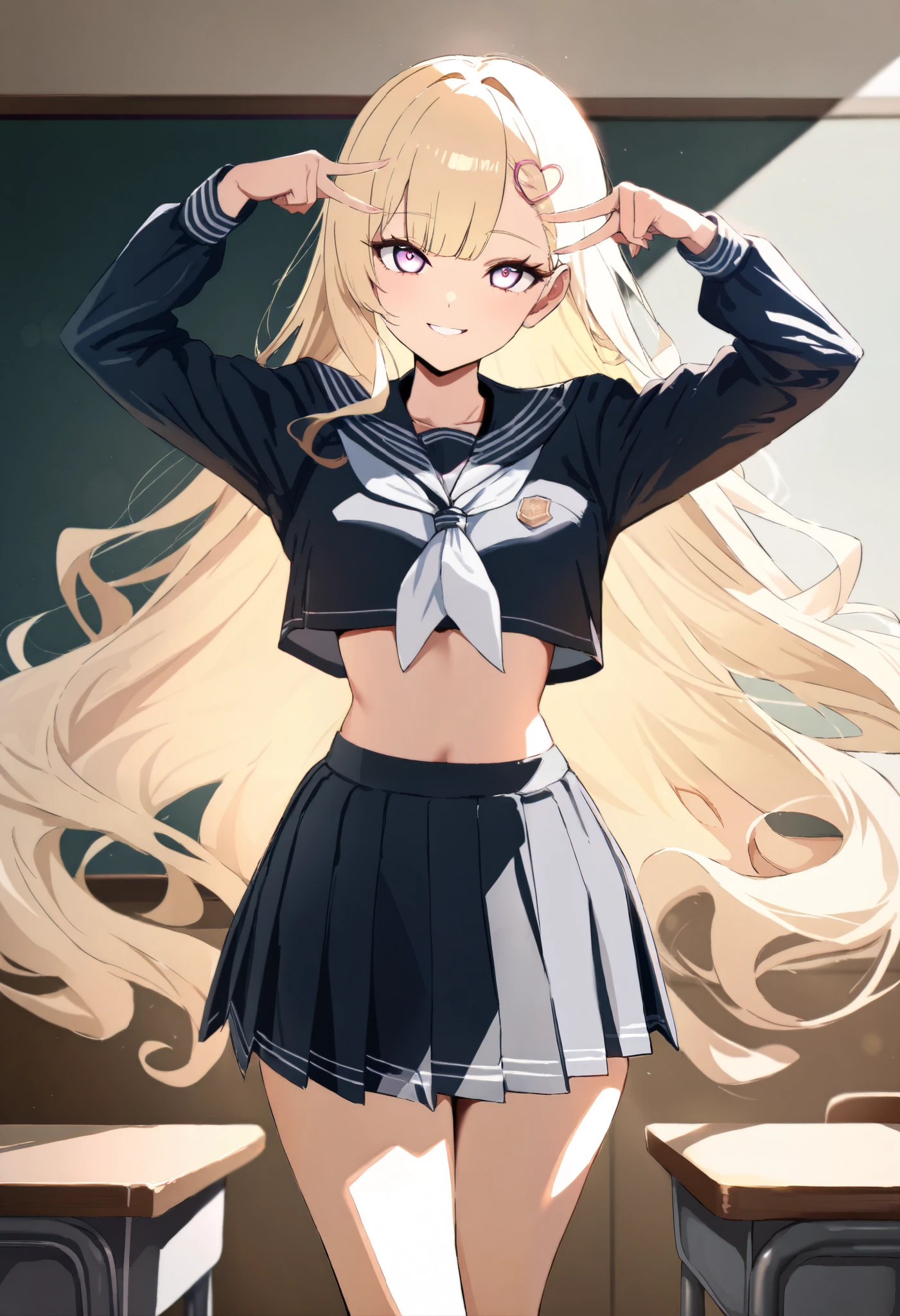 ((year {2021}, masterpiece, high score, great score, absurdres)), anime style, 1 female, ( blonde, wave hair, asymmetrical left and right bangs , Heart Hairpin, small face, beautiful skin, smile), Beautiful and shining eyes, glossy lips , very detailed eyes and face, long eyelashes, ( school uniform , sailor suit, Cropped Tops , Gray Pleated Skirt), cute pose , V sign with both hands, hand sign, looks up at viewers , cowboy shot, School Scene, Classroom background, Quiet, light shining in , perfect face, Perfect Hands, PERFECT LEGS , perfect fingertips,