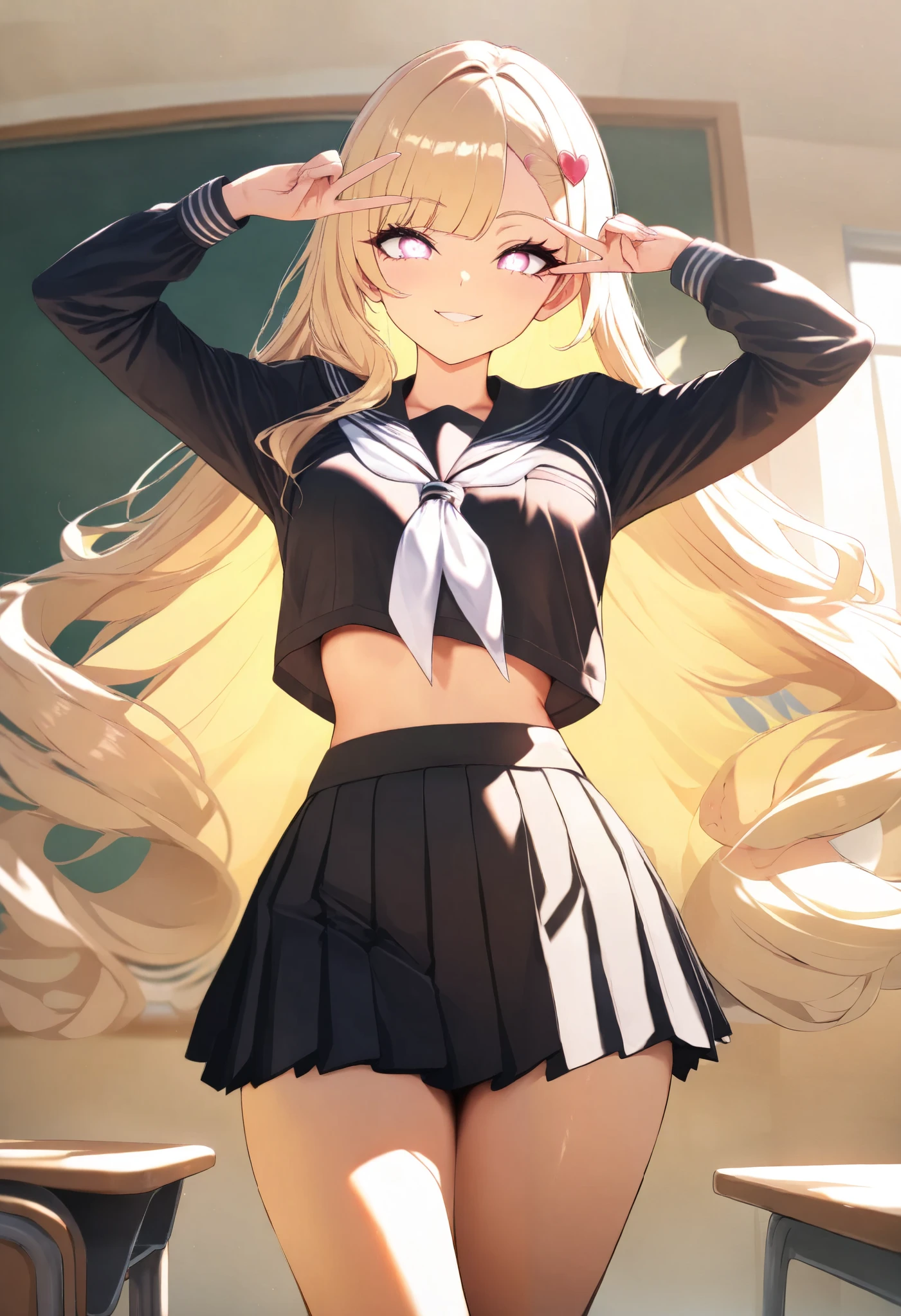 ((year {2021}, masterpiece, high score, great score, absurdres)), anime style, 1 female, ( blonde, wave hair, asymmetrical left and right bangs , Heart Hairpin, small face, beautiful skin, smile), Beautiful and shining eyes, glossy lips , very detailed eyes and face, long eyelashes, ( school uniform , sailor suit, Cropped Tops , Gray Pleated Skirt), cute pose , V sign with both hands, hand sign, looks up at viewers , cowboy shot, School Scene, Classroom background, Quiet, light shining in , perfect face, Perfect Hands, PERFECT LEGS , perfect fingertips,