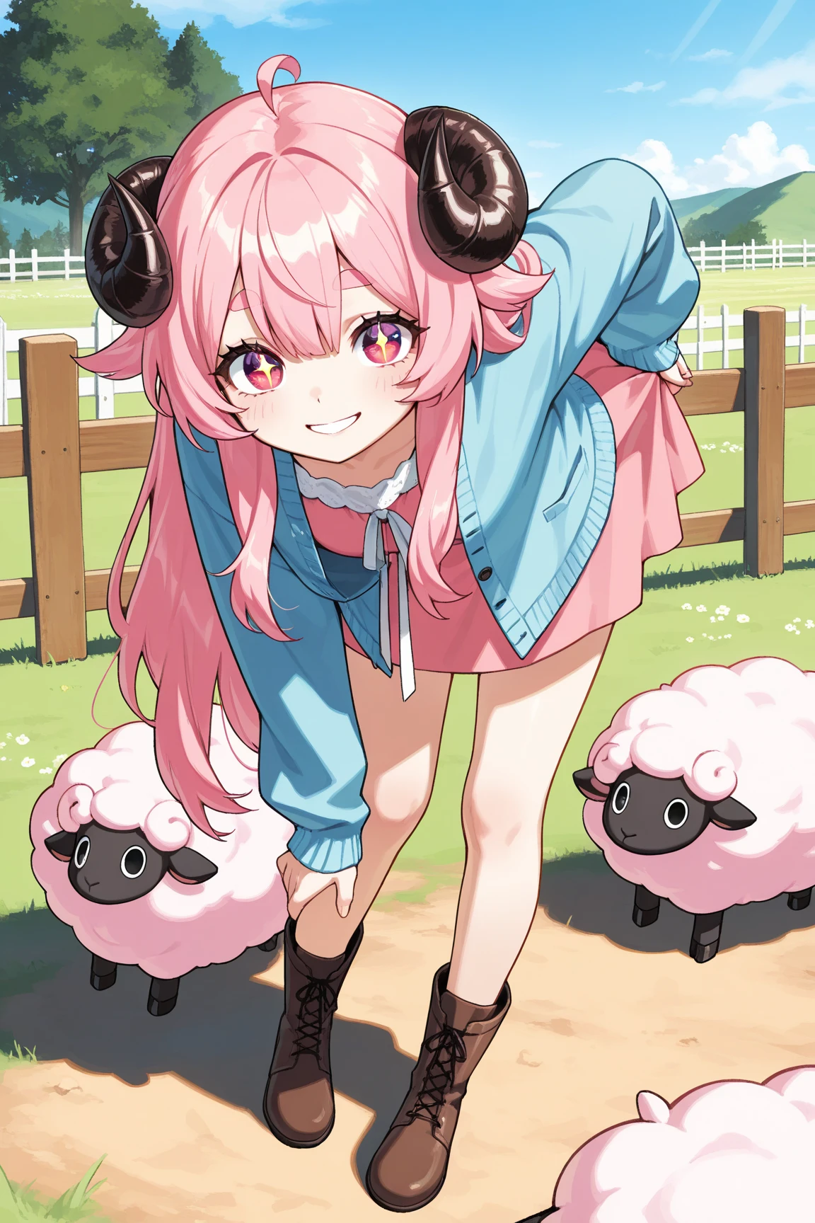((score_9, score_8_up, score_7_up, Top Quality)), ((Excellent)), (extremely detailed, absurdres, very aesthetic),  (highly detailed background, lighting), (1girl, Pink fluffy long hair, Gentle and thick eyebrows: 1.1, rounded ram horns, :1.2,  Eyes as absurdly beautiful as jewels, Your eyes are sparkling, Beautiful long eyelashes:1.3, strong eyes, Pink dress, sky blue cardigan, brown boots, Pick up the hem of your skirt, smile, Bend your waist) BREAK Natural elements, fantastical features, light and shadow effects, color and atmosphere BREAK (Aristocratic mansion, red carpeted corridor, beautiful sunlight filtering through the windows, beautiful depiction of trees, sophisticated furnishings)